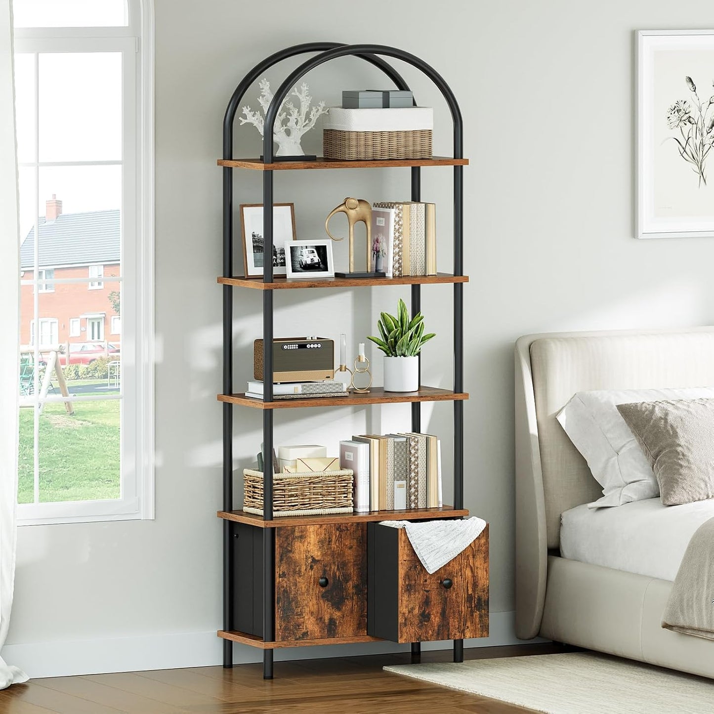 HOOBRO 5-Tier Bookshelf, Arched Bookcase with 2 Drawers, Tall Industrial Style Display Rack, Modern Standing Bookcase with Metal Frame for Office, Bedroom, Kitchen, Rustic Brown and Black BF175SJ01