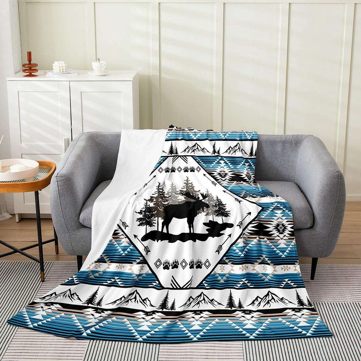 Feelyou Moose Flannel Fleece Throw Blanket Western Queen 90"x90" Southwestern Aztec Fleece Throw Blanket for Kids Women Men Wild Animals for Bed Couch Chair Living Room Blue Black Bedroom Decor