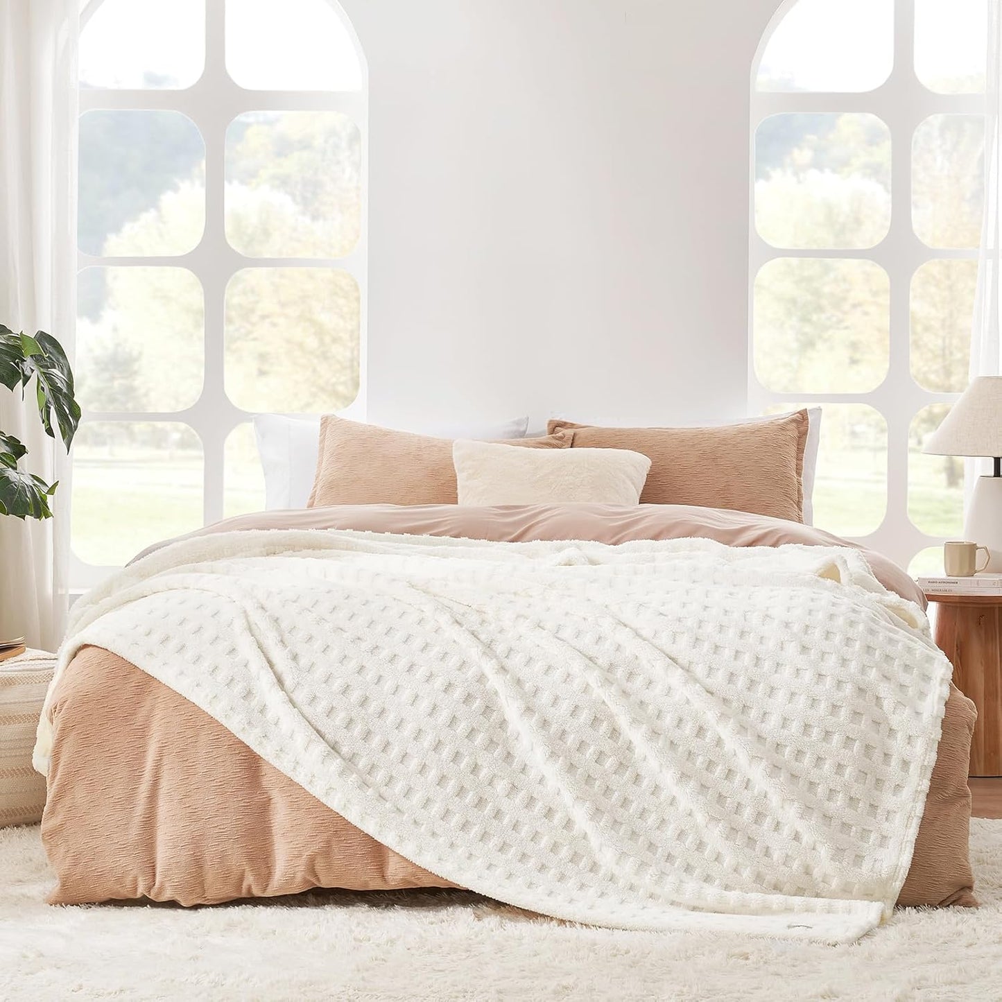 Cozy Bliss Ultrasoft Waffle Throw Blanket, Fluffy Cute Plush Blanket for Couch, Bed, Modern Home Accent, Portable for Picnic or Outdoor, Ivory, 66"x90"