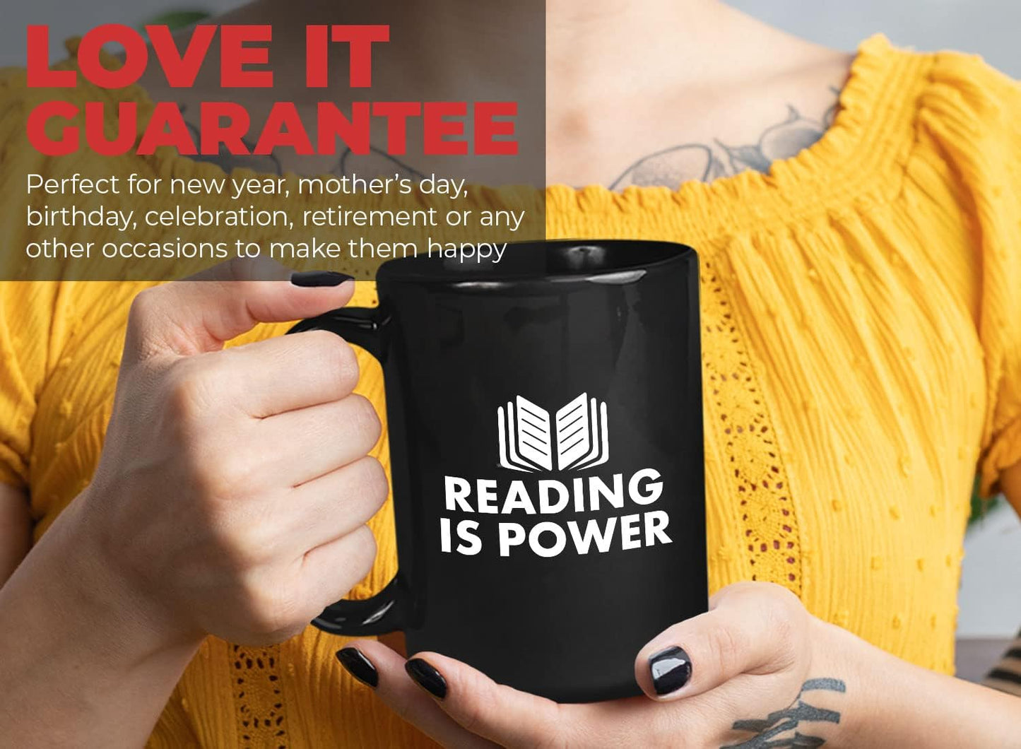 Book Lover Coffee Mug 15oz Black - Reading is power - Literary librarian Literature Bookworm Historian Public Library Curator Bibliophile Bibliolater