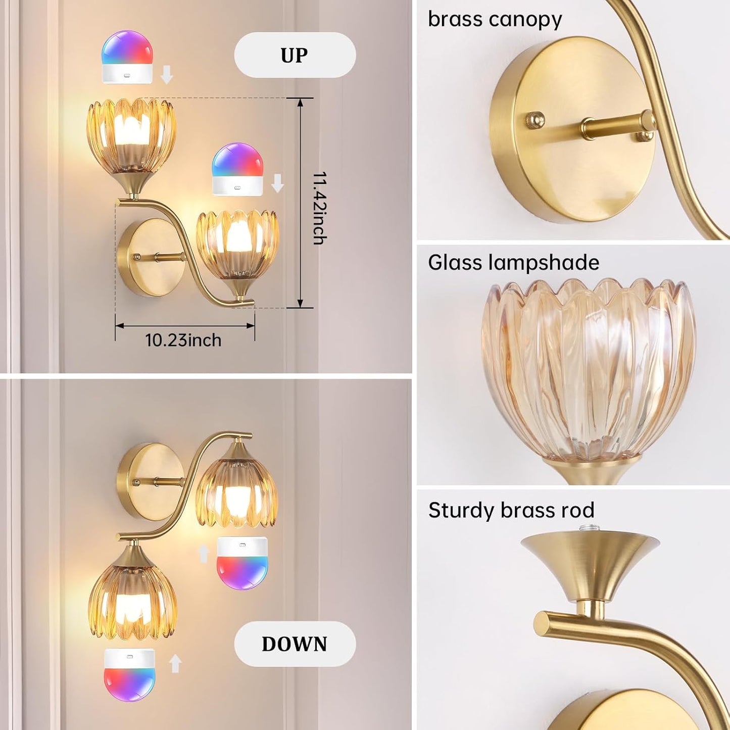 Battery Operated Wall Sconce, 2-Lights Vinatge Brass Wall Lighting with Amber Tluip Shade Rechargeable Bulb with Remote for Living Room, Bedroom