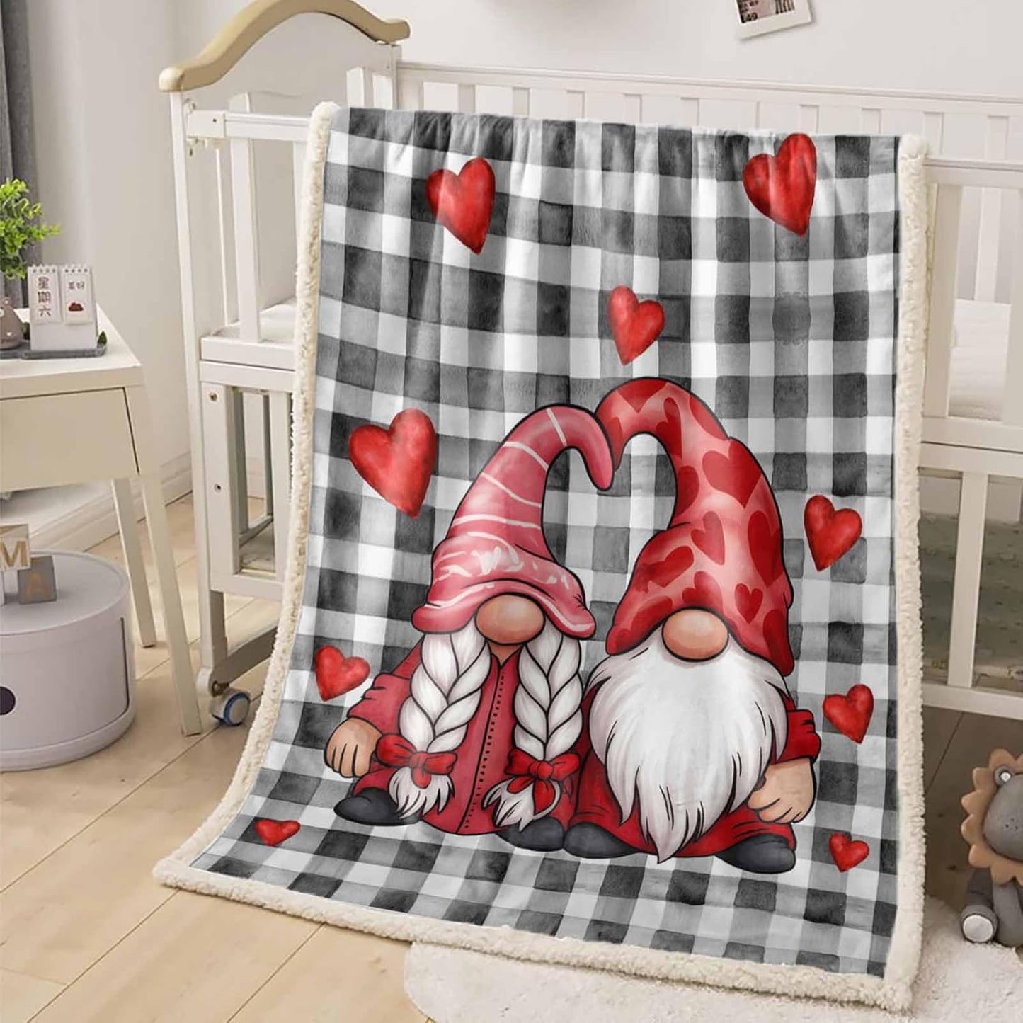 Valentines Throw Blanket Gnome Lover Sherpa Fleece Throws Blanket for Couch Sofa Bed Red Heart Black Check Plaid Blankets Fuzzy Cozy Soft Plush Thick Warm Blankets for Valentines Day Decor, 40x50 Inch
