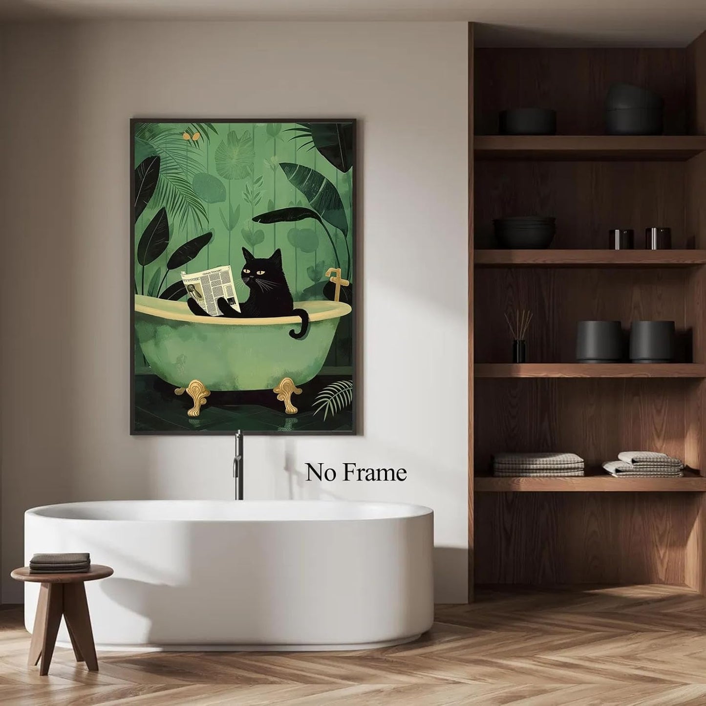 Funny Black Cat Wall Art Bathroom Cute Black Cat Reading Newspaper Picture Animal Bathtub Art Green Small Trendy Paintings Aesthetic Washroom Bathroom Wall Art Trendy Animal Poster 16x24inch No Frame