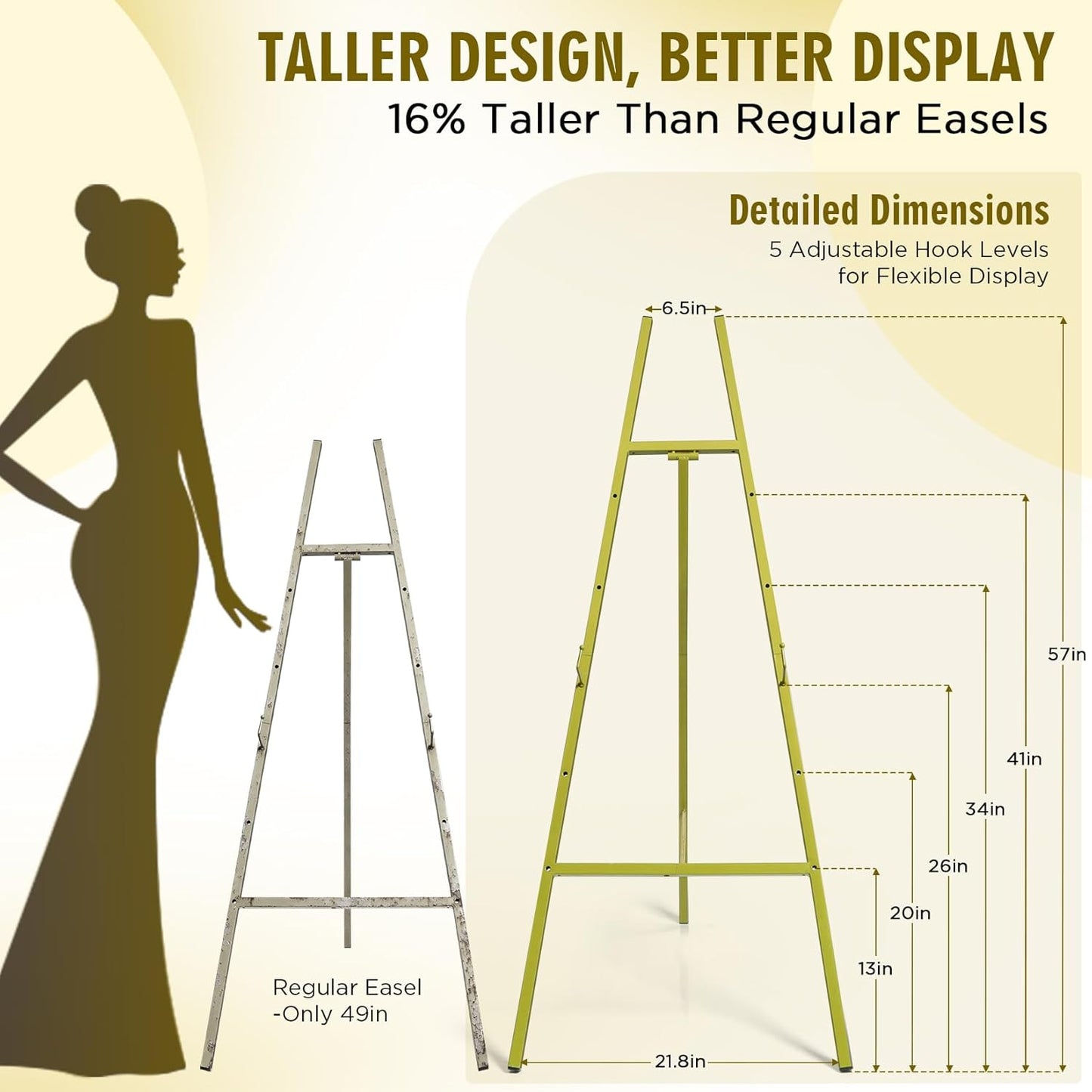 57" Heavy Duty Gold Easel Stand for Wedding Signs – Holds up to 50 lbs Metal Floor Easel for Welcome Sign, Seating Chart, Art & Mirrors – Quick 5-Min Assembly, Adjustable Display Stand