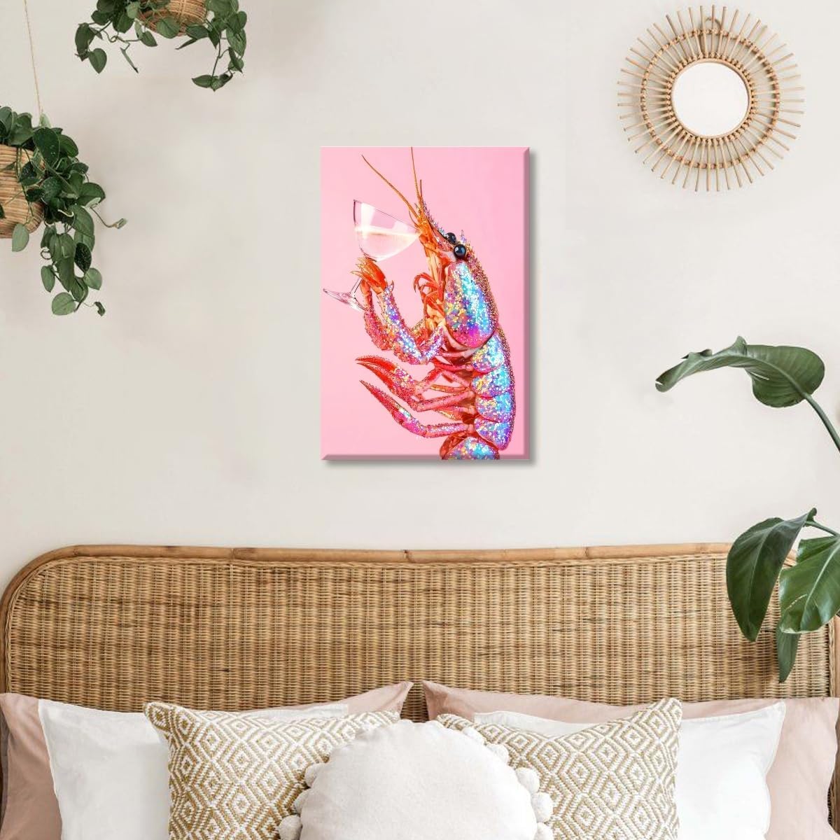Psychedelic Pink Lobster Cocktail Wall Art Funny Crayfish Martini Poster Trippy Coastal Beach Aesthetic Canvas Prints Colorful Shrimp Picture Funky Seafood Decor for Kitchen Bar 16x24inch Unframed