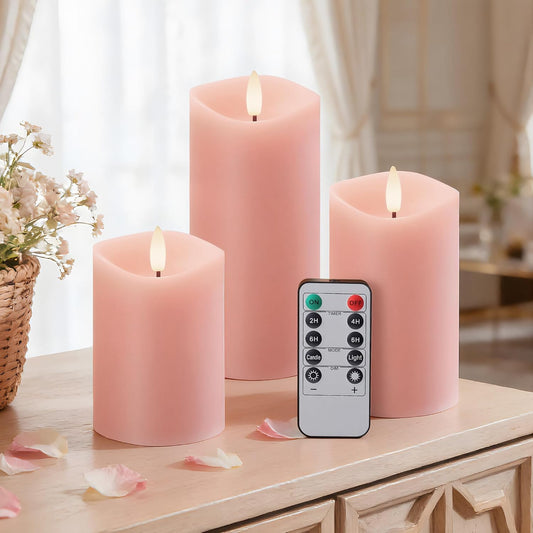 Pink Flameless Candles with Remote and Timer, Real Wax Made LED Pillar Candles Battery Operated with 3D Flickering Flame Melted Edge, 3" x 4",5",6", Set of 3 (Pastel Pink)