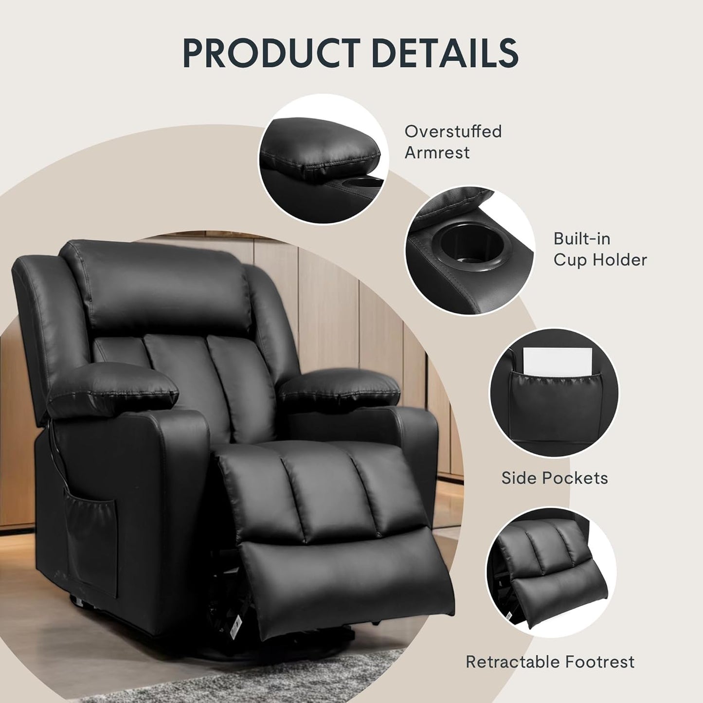 Medium Black PU Leather Living Room with Chair Massage and Heat for Elderly Reclining Sofa with Cup Holders and Side Pockets Electric Power Lift Recliner
