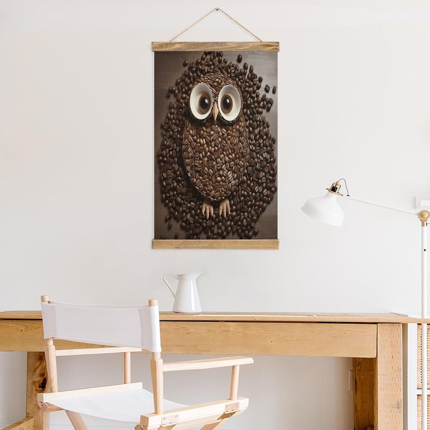 Vintage Coffee Bean Owl Poster with Wooden Frame Personalized Linen Hanging Scroll Painting Rustic Wall Hanging Illustrative Modern Artwork Decor for Home Living Room Bedroom Office