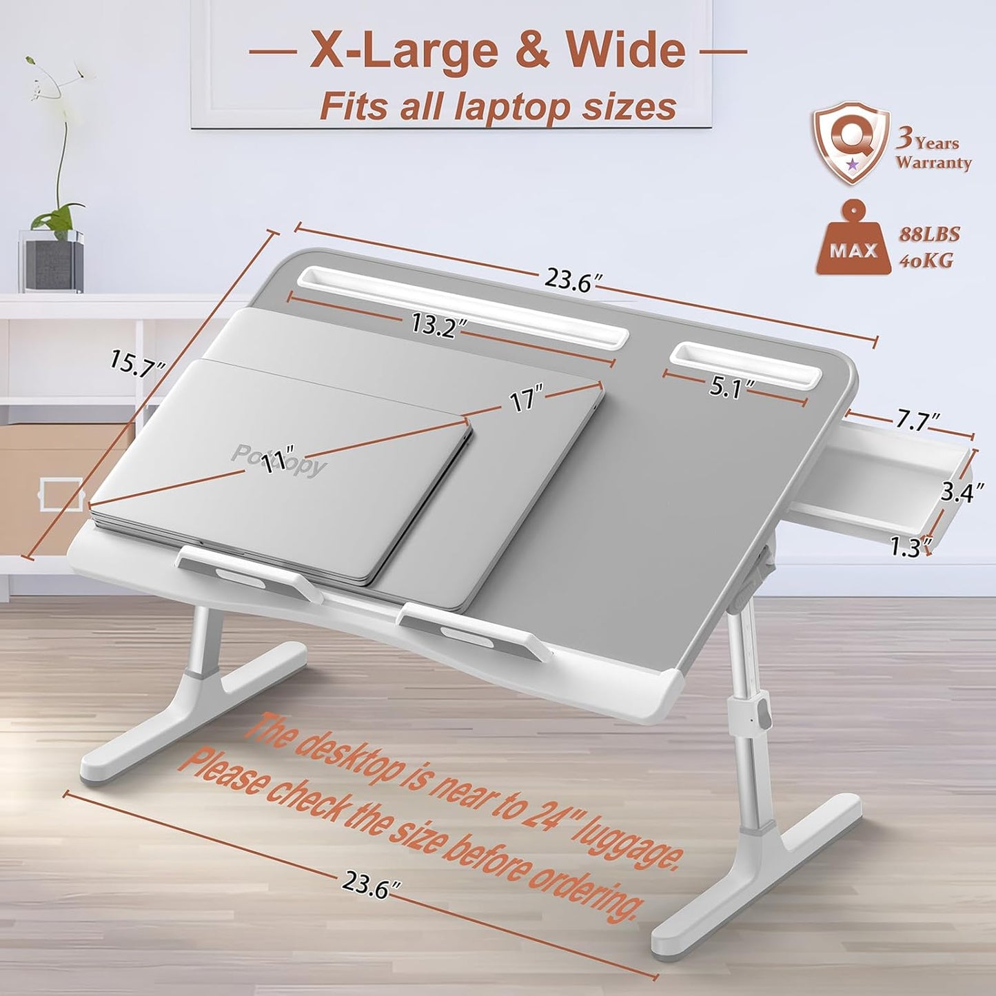 Laptop Stand for Bed, Potuopy Leather Adjustable Bed Desk Table Tray, X-Large Folding Lap Desk with Drawer for Eating Writing Drawing Working on Couch Floor, Grey