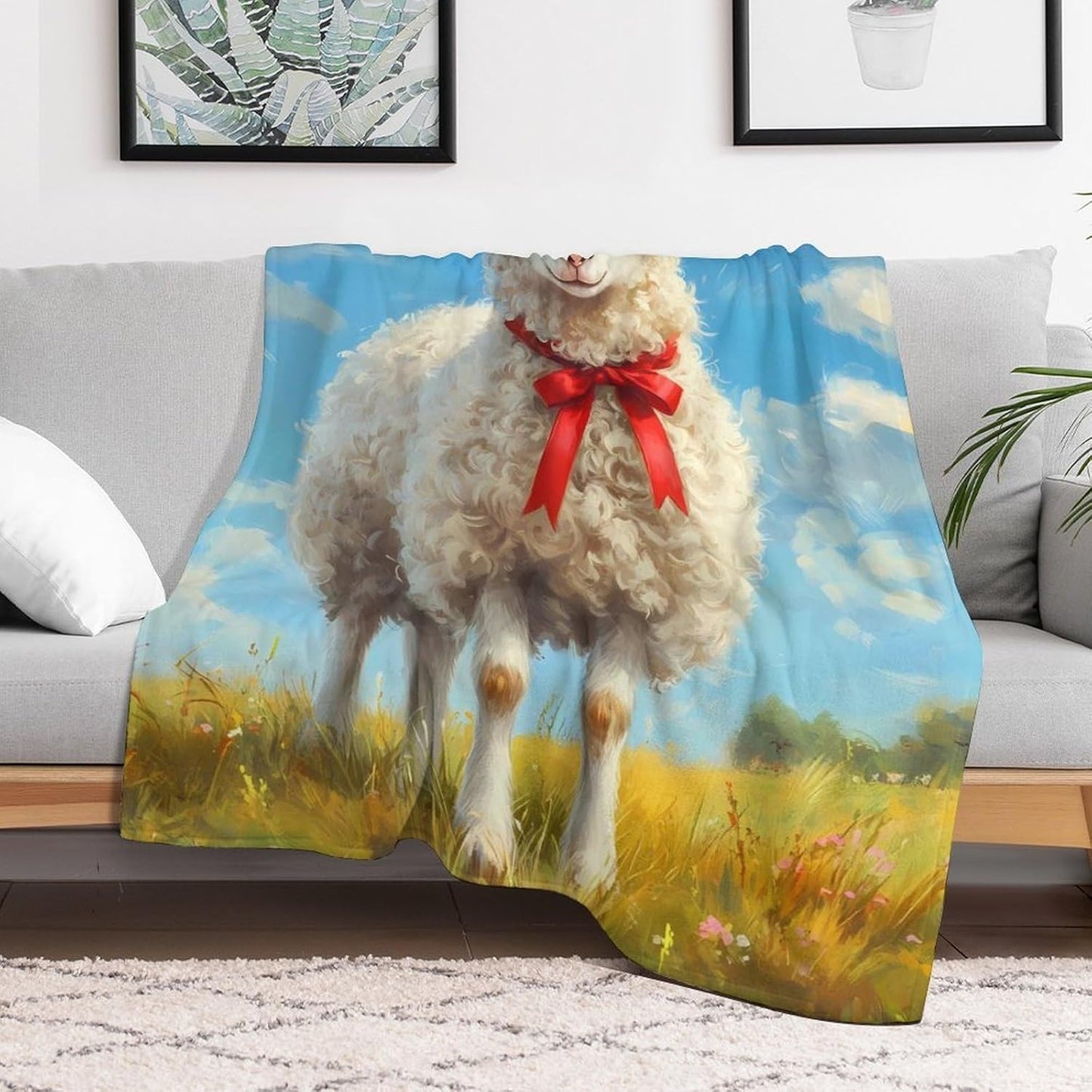 Sheep on A Grassy Field Throw Blanket for Couch Bed Plush Cozy Fuzzy Flannel Blanket for All Season 66"x90"