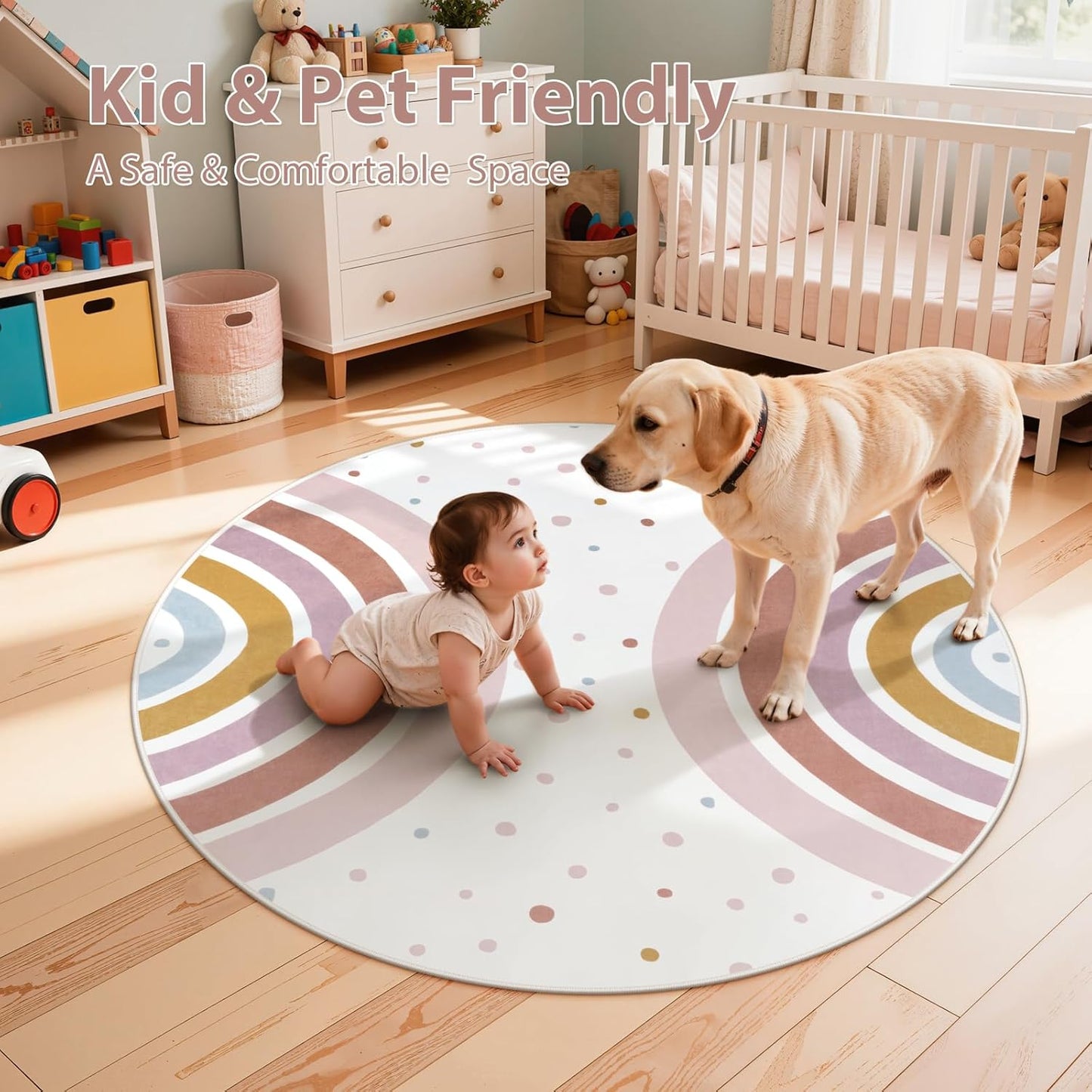 STARUIA Round Rainbow Nursery Rug, 5 Ft Washable Kids Rug for Playroom, Non-Slip Colorful Rugs for Classroom, Large Princess Rugs Soft Girls Bedroom Carpet for Kids Room Reading Nook
