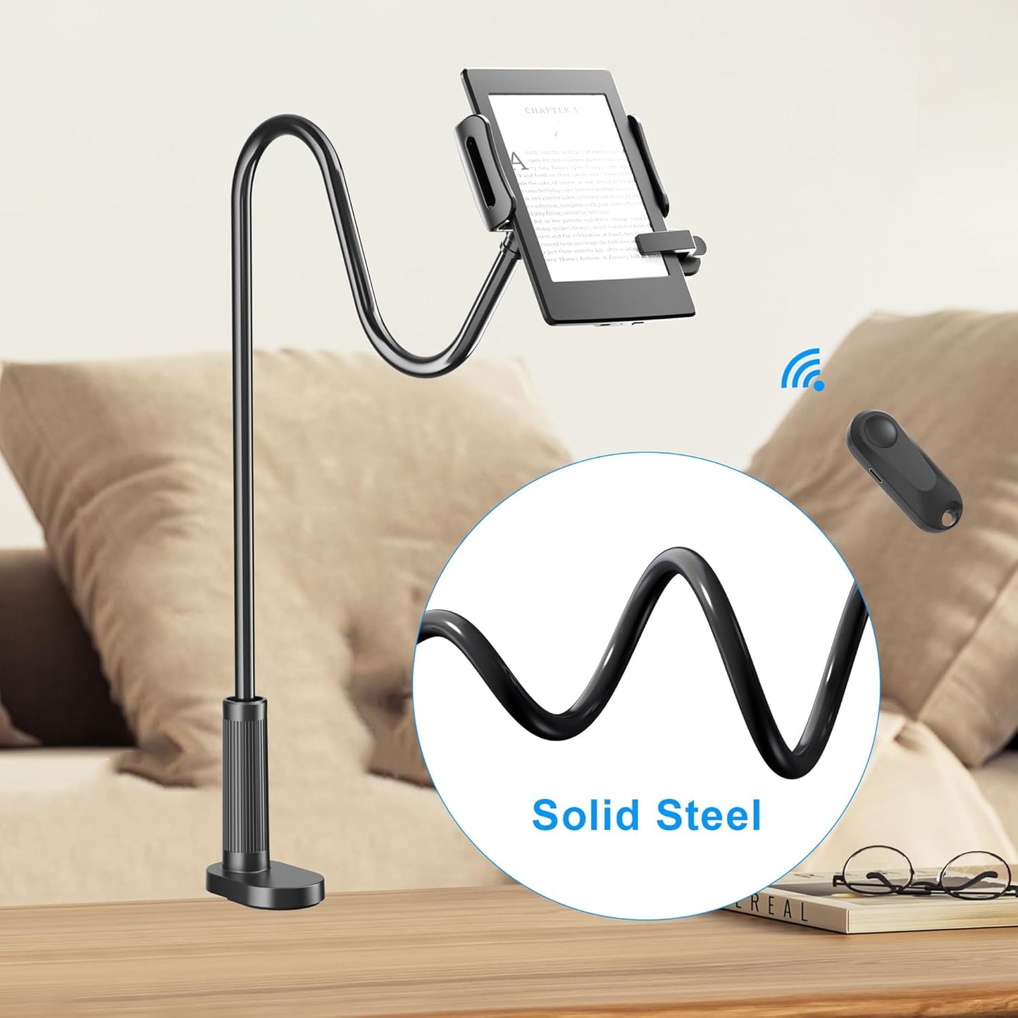 Bedside Tablet Holder for Kindle Reading in Bed with Remote Page Turner, Hands Free Desk Gooseneck Stand for Kindle Accessories, Gifts for Readers