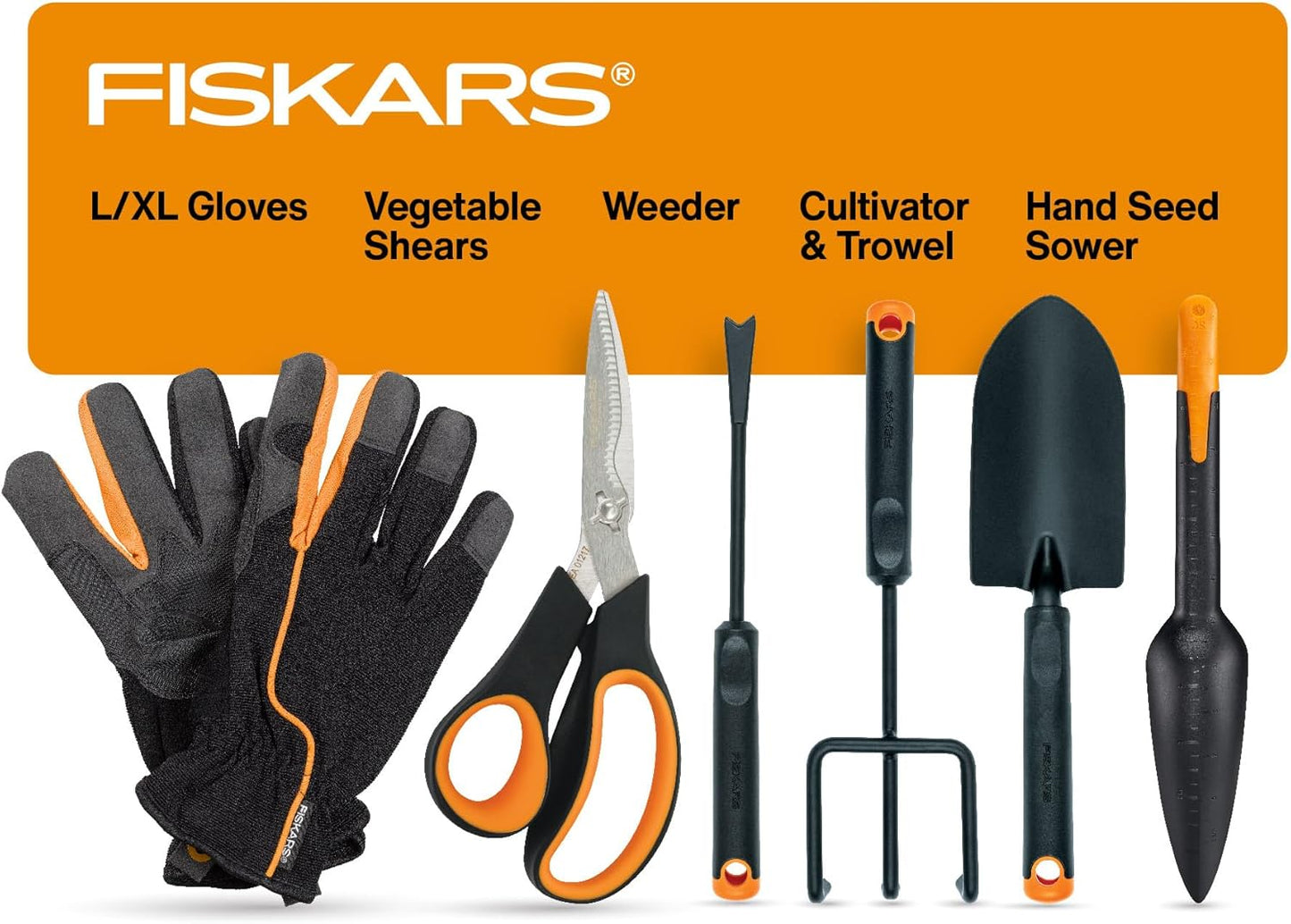 Fiskars Vegetable Gardening Essentials 6-Piece Tool Set for Cultivating, Serrated Stainless Steel Shears & 4-in-1 Seed Sower for Planting, Rust-Resistant Steel Trowel, Cultivator, Weeder, L/XL Gloves