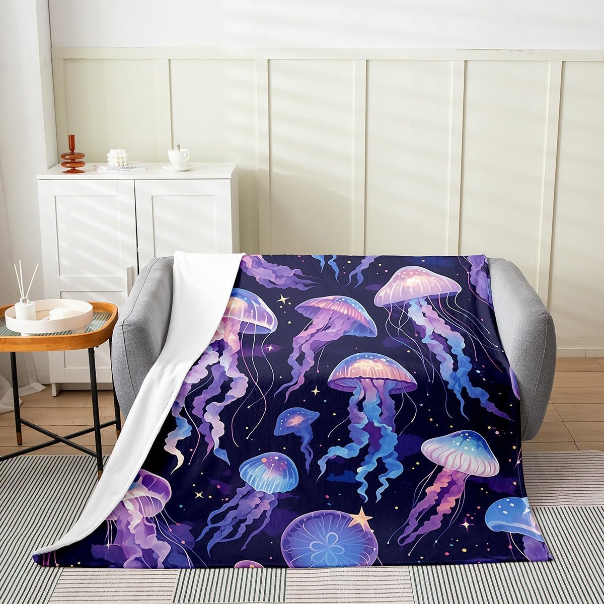 Feelyou Jellyfish Plush Throw Blanket Throw 50"x60" Bright Purple Flannel Fleece Blanket for Sofa Couch Ocean All Season Bed Blanket Sea Creature Underwater World Room Decor Aquatic Animal