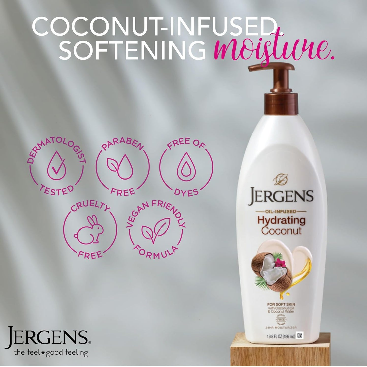 Jergens Hydrating Coconut Body Lotion, Hand and Body Moisturizer, Infused with Coconut Oil, Hydrates Dry Skin Instantly, Dermatologist Tested, 16.8 oz