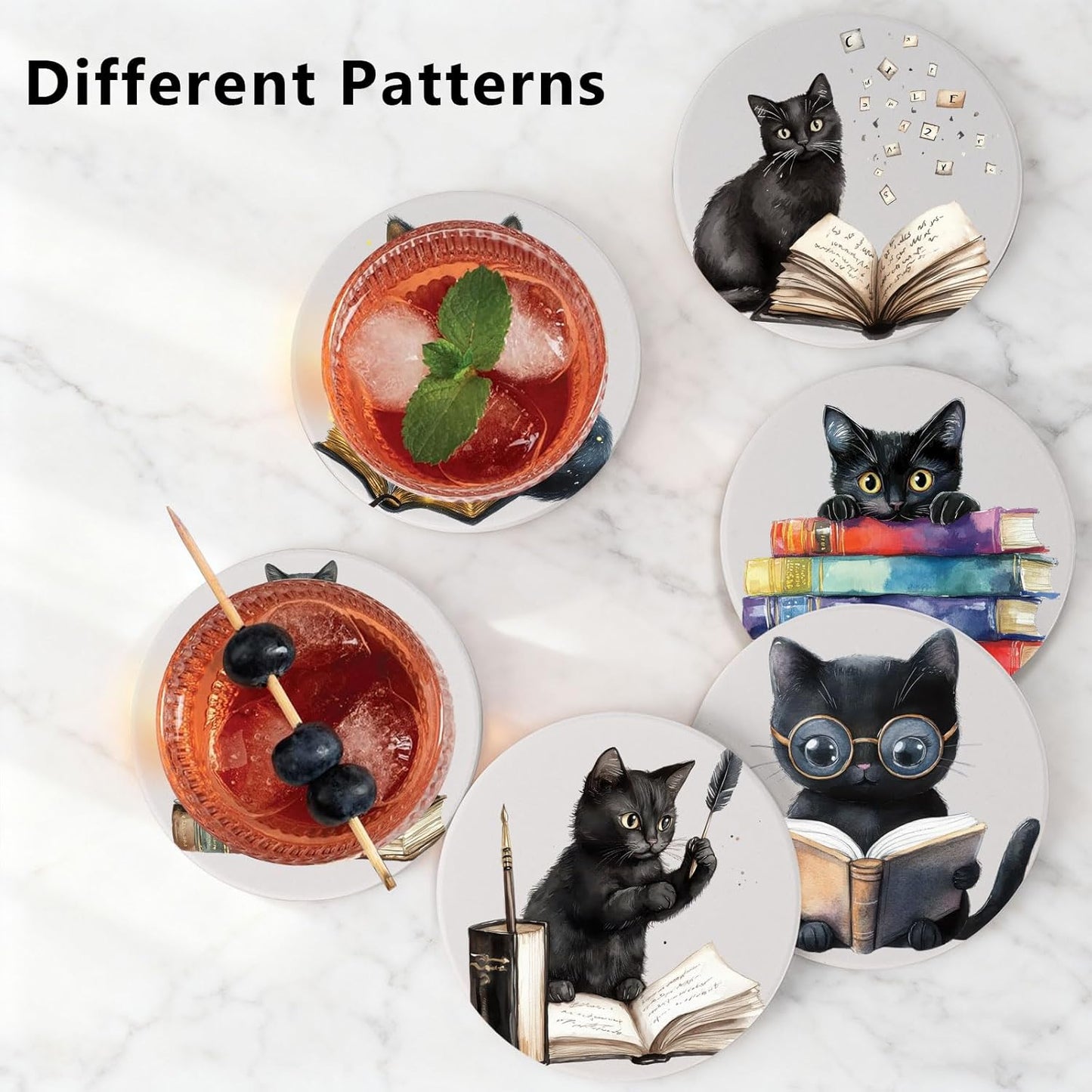 6Pcs Cat Coasters with Holder, Funny Cat Reading Books Ceramic Round Absorbent Coaster for Drink Coffee Table Decor Gifts for Cats Books Lover Bookworms