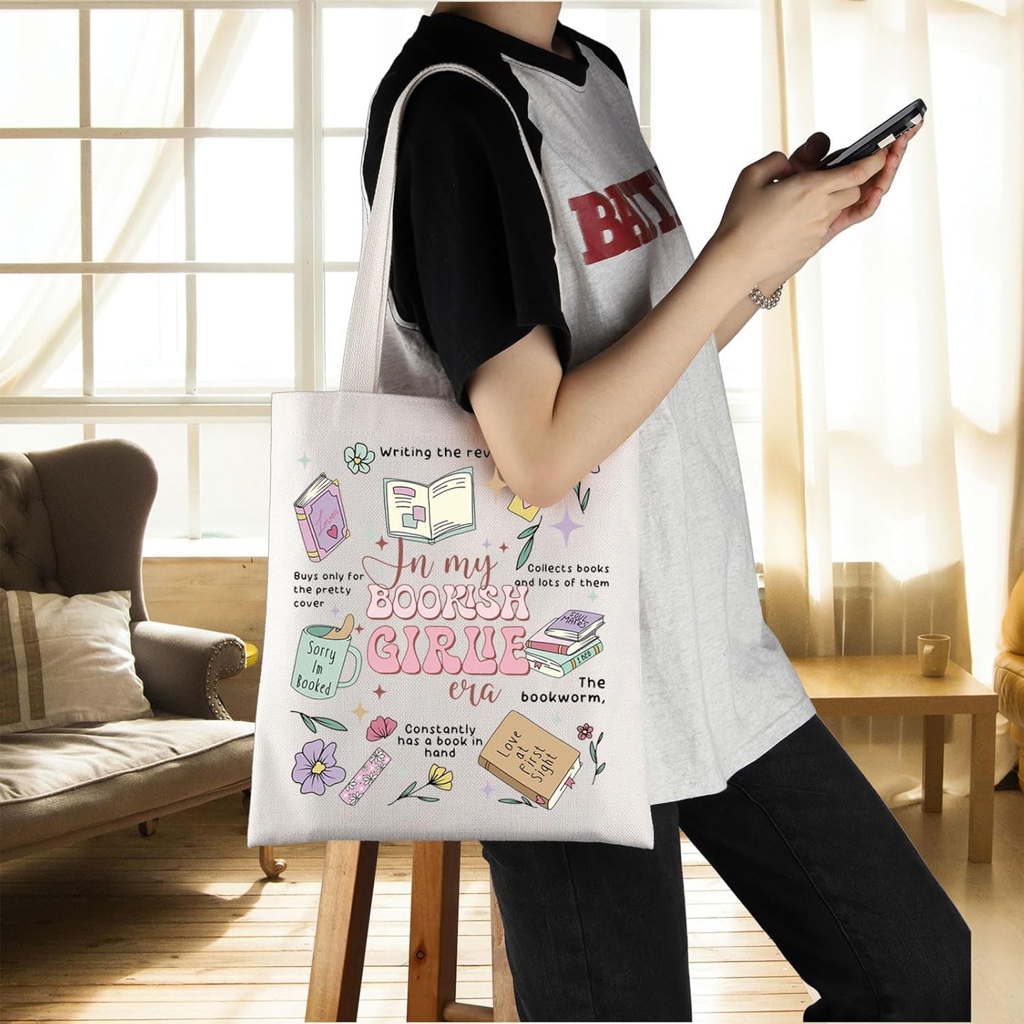 ENSIANTH In My Bookish Girlie Era Romance Reader Tote Bag, Bookaholic Gift for Book Lovers, Bookish Social Club Handbag