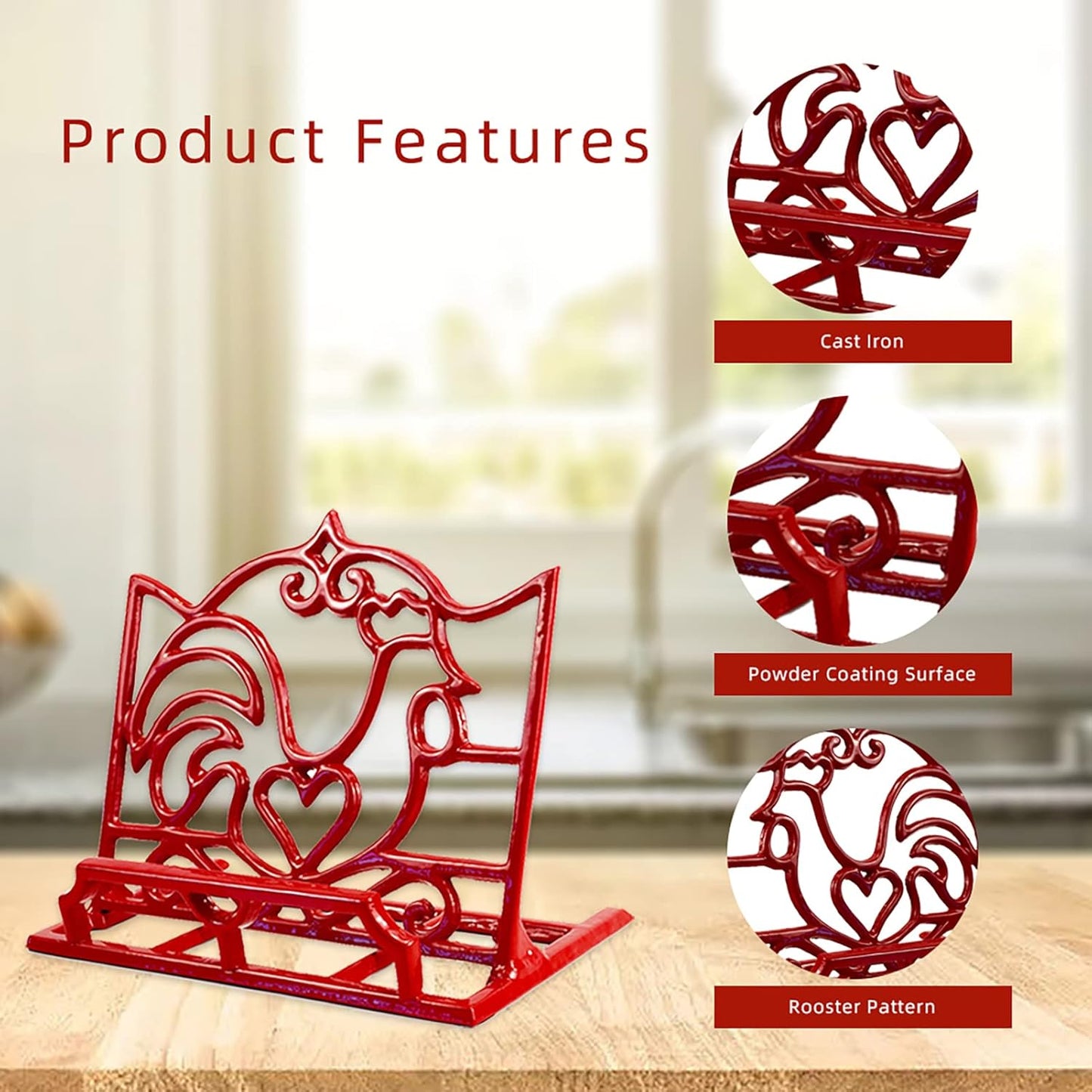 Cookbook Stand, Cast Iron Heavy-Duty Recipe Book Holder, Kitchen Vintage Recipe Book Holder, Reading Rest Holder for Easel/Counter/Books/Magazine/iPad/Bible, Red