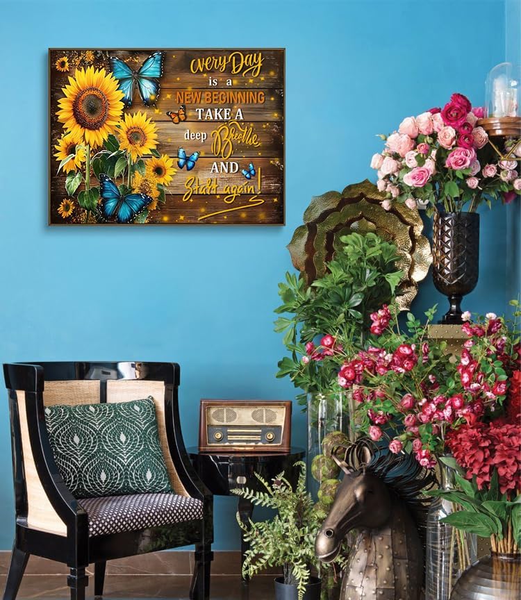 Sunflower Canvas Wall Art Blue Butterfly Rustic Wood Wall Decor Inspirational Prints Quotes Posters Vintage Painting Framed Artwork For Bedroom Living Room And Kitchen Home Modern Decors 12x16 Inches