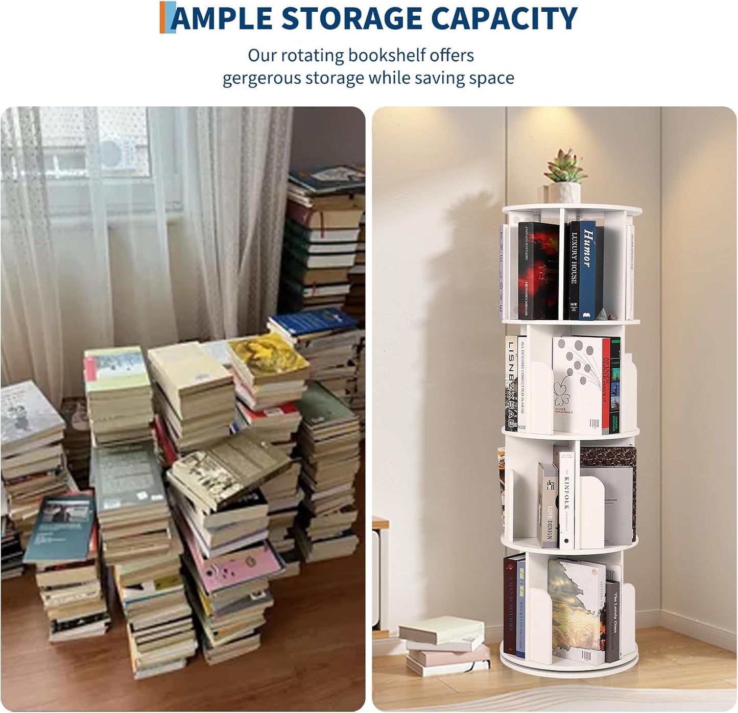 GarveeLife Wooden Rotating Bookshelf 4 Tier, 360° Floor-Standing Bookcase and Multi-Functional Storage Organizer for Living Room, Kids, and Adults White