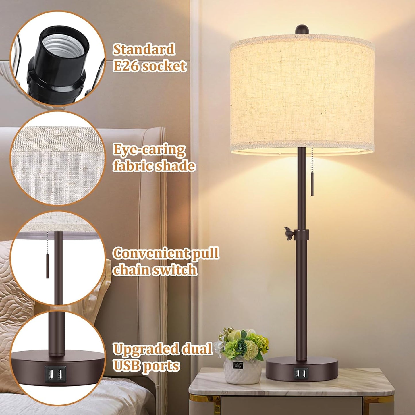 Modern Brown Table Lamps Set of 2, 23’’-30’’ Adjustable Bedroom Lamps with 2 USB Ports, Living Room Lamp Set with Cream Linen Shade, Industrial Desk Lamp for Nightstand End Table Home Office Reading