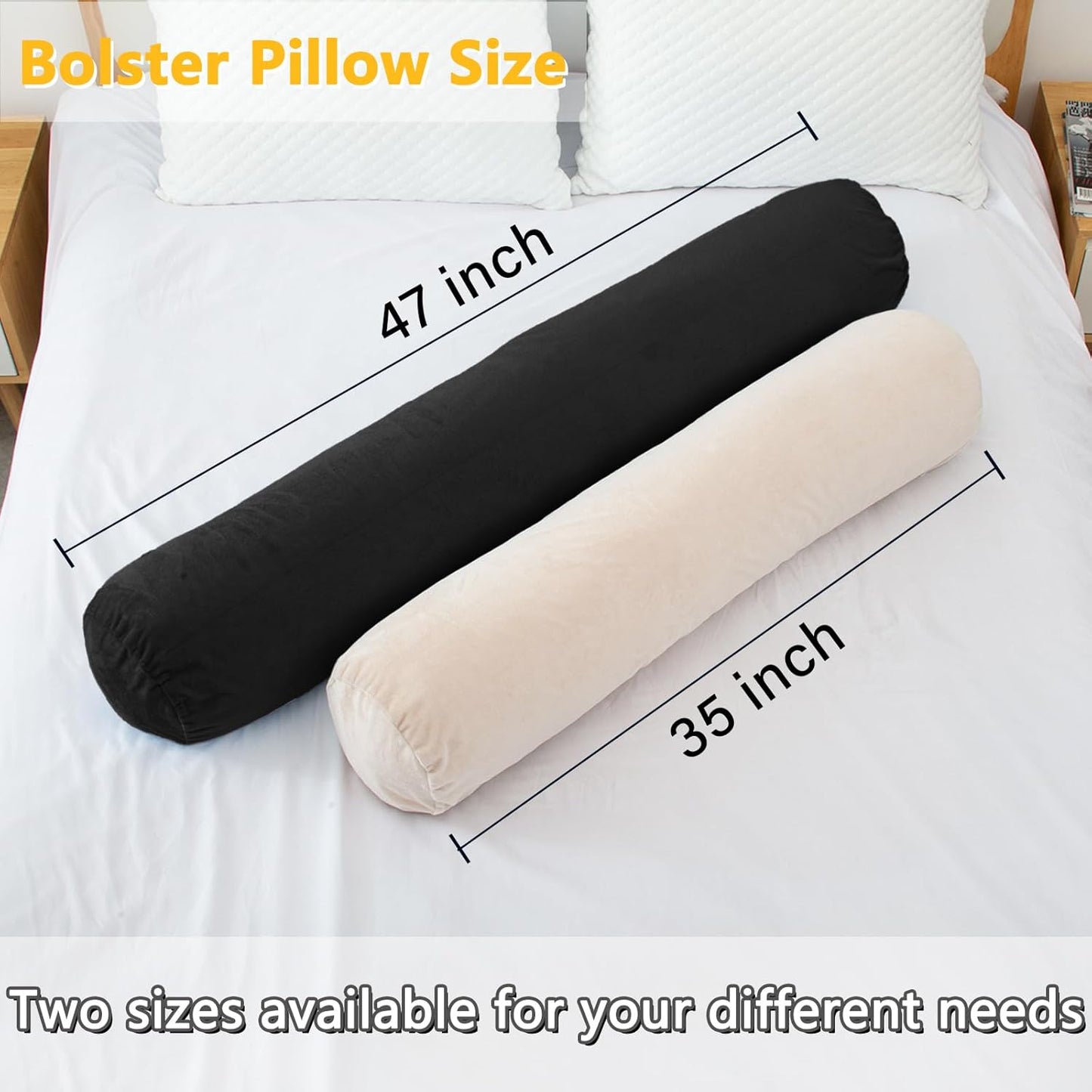 Round Body Pillow for Adults, Long Bolster Pillow for Bed with Removable Velvet Cover, Decorative Tube Roll Cylinder Pillow, 35 x 7.87 Inch, Black