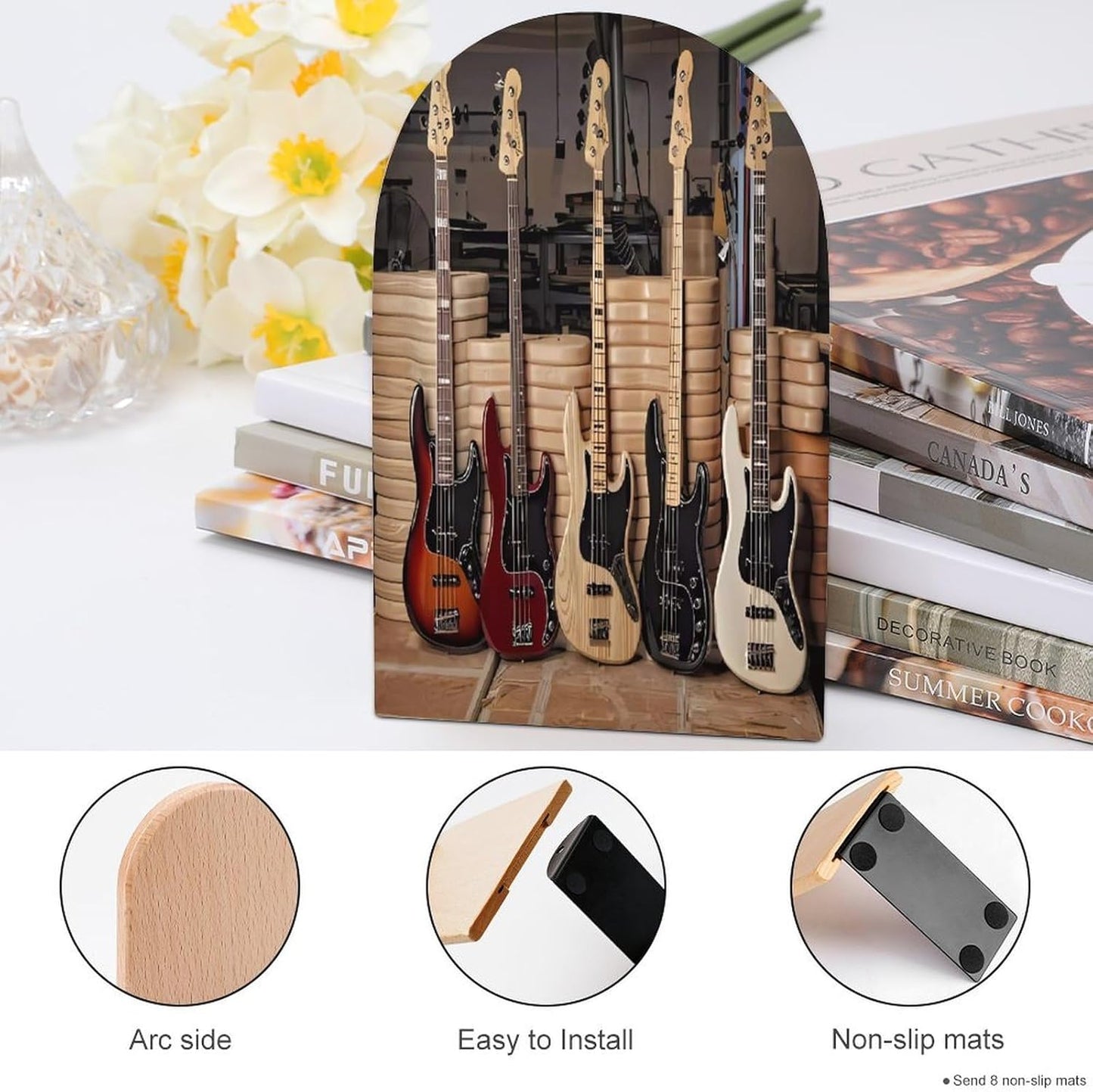Guitar Bass Music Musical Instruments Wooden Bookend Non-Slip Book Ends Heavy Duty Book Stopper with Metal Base Books Holderd Decorative Bookends Stands Firmly for Office Supplies