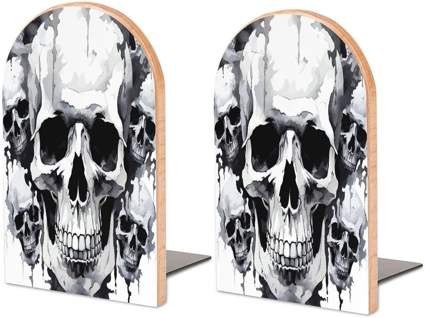 White and Gray Skull Graphics Bookend for Shelves Wooden Book End Large Size Sturdy Book Holders Stoppers with Metal Base for Bookshelves Slick Decorative Bookends Stands