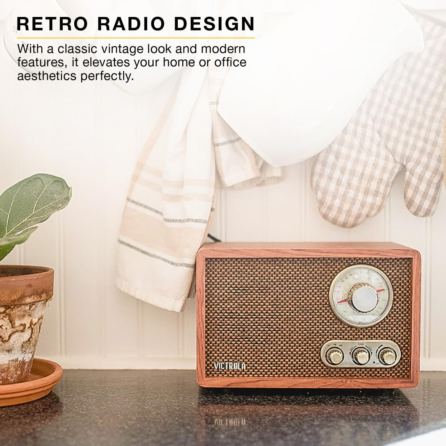 Victrola Willow – Retro Wood Bluetooth Radio with Built-in Speakers: Elegant & Vintage Design, Rotary AM/FM Tuning Dial, Bass & Treble Control, Wireless Streaming (Walnut)