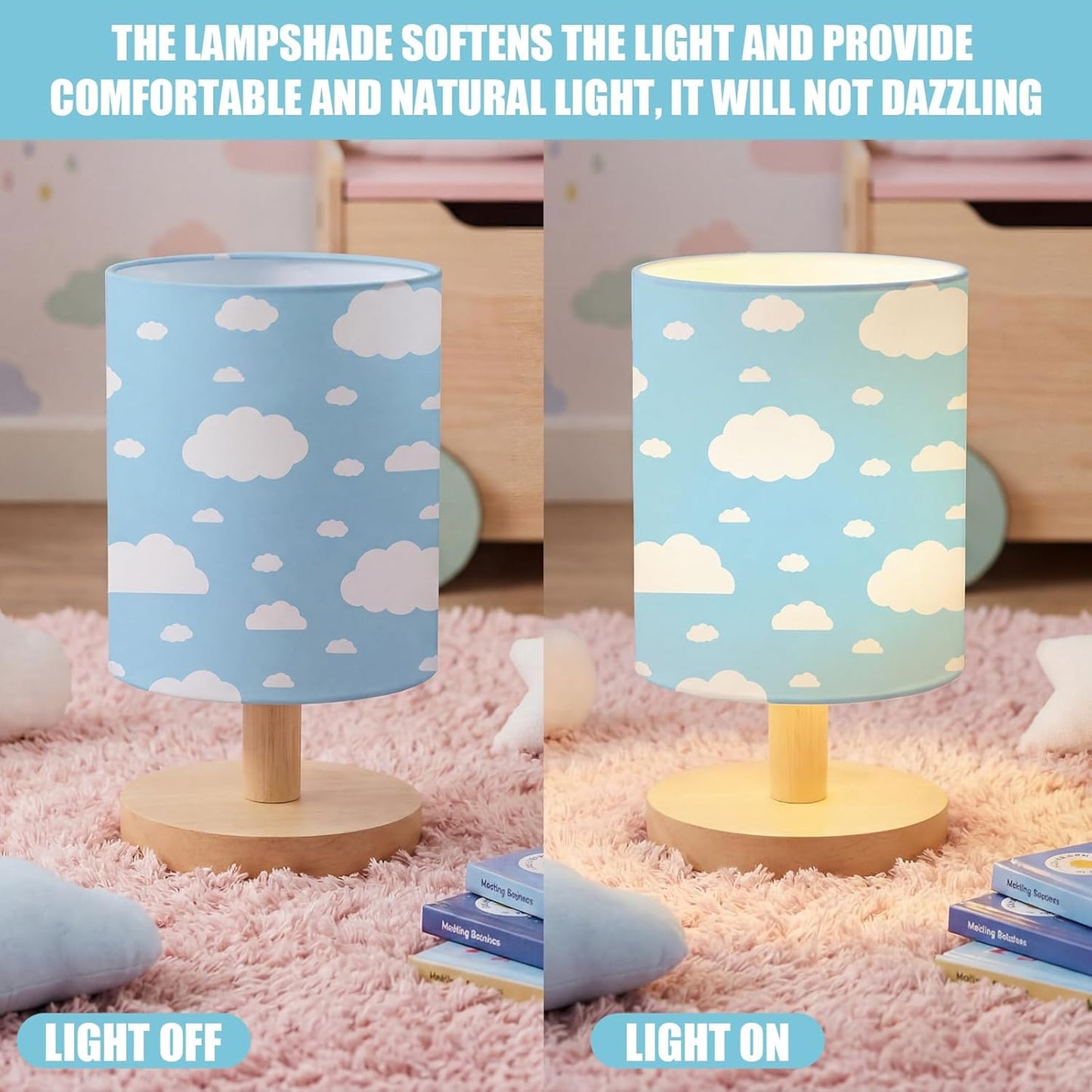 VIHOSE Cloud Kids Table Lamp for Bedroom Kids Bedside Lamp with Linen Wooden Nightstand Cartoon Nursery Lampshade for Girls Boys Living Room