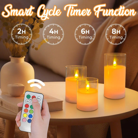 Rechargeable RGB Flameless Candles, Clear Glass LED Pillar Candle with Remote & Timer, Set of 3 — Color-Changing Decorative Candles for Living Room, Bedroom, Holiday Décor & Gifts for Women