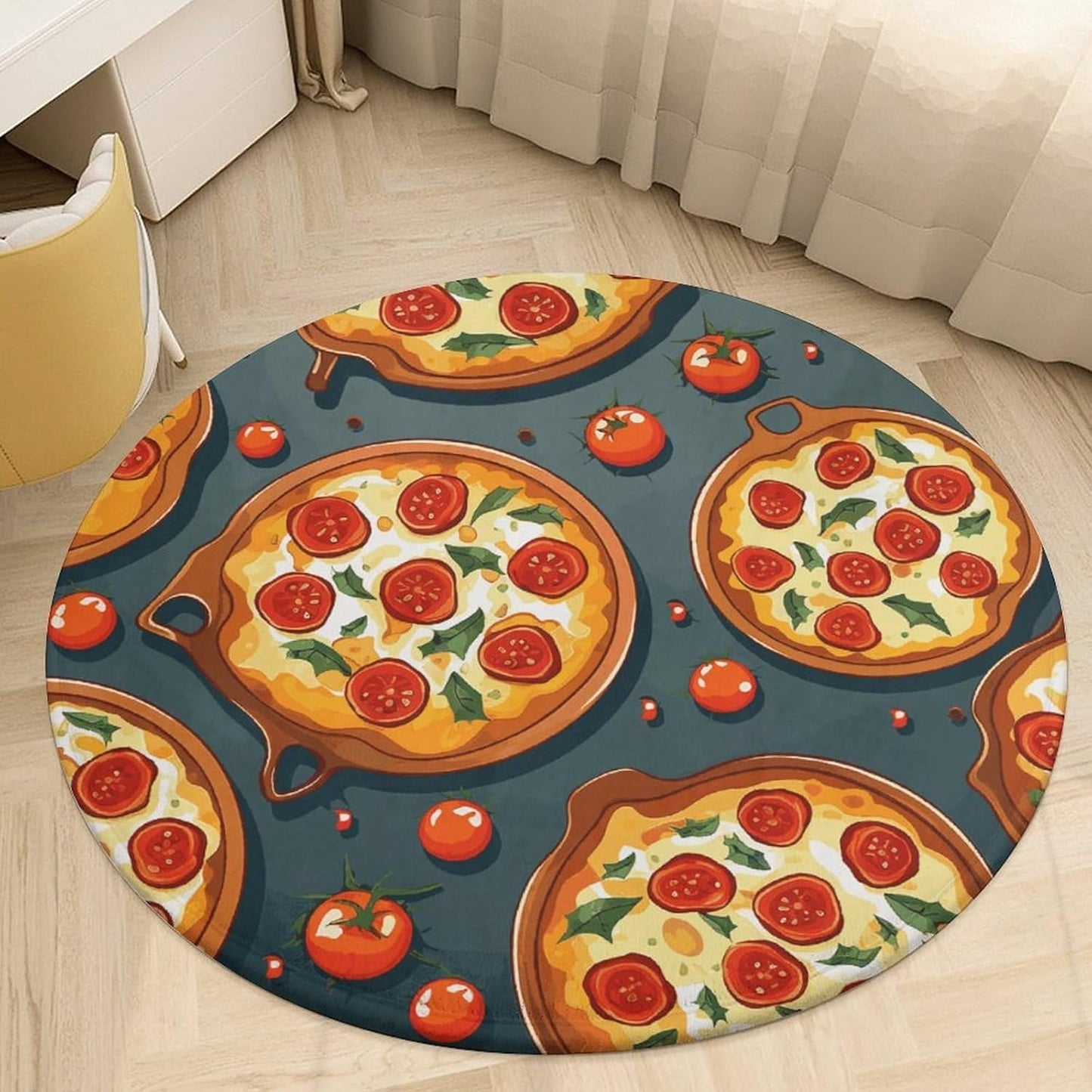 Pizza Food Circle Rug Retro Luxury Coral Velvet Floor Mat Non Slip Soft Indoor Floor Carpet Comfy Thickened Area Rugs Modern Aesthetic Minimalist Carpets for Home Decor