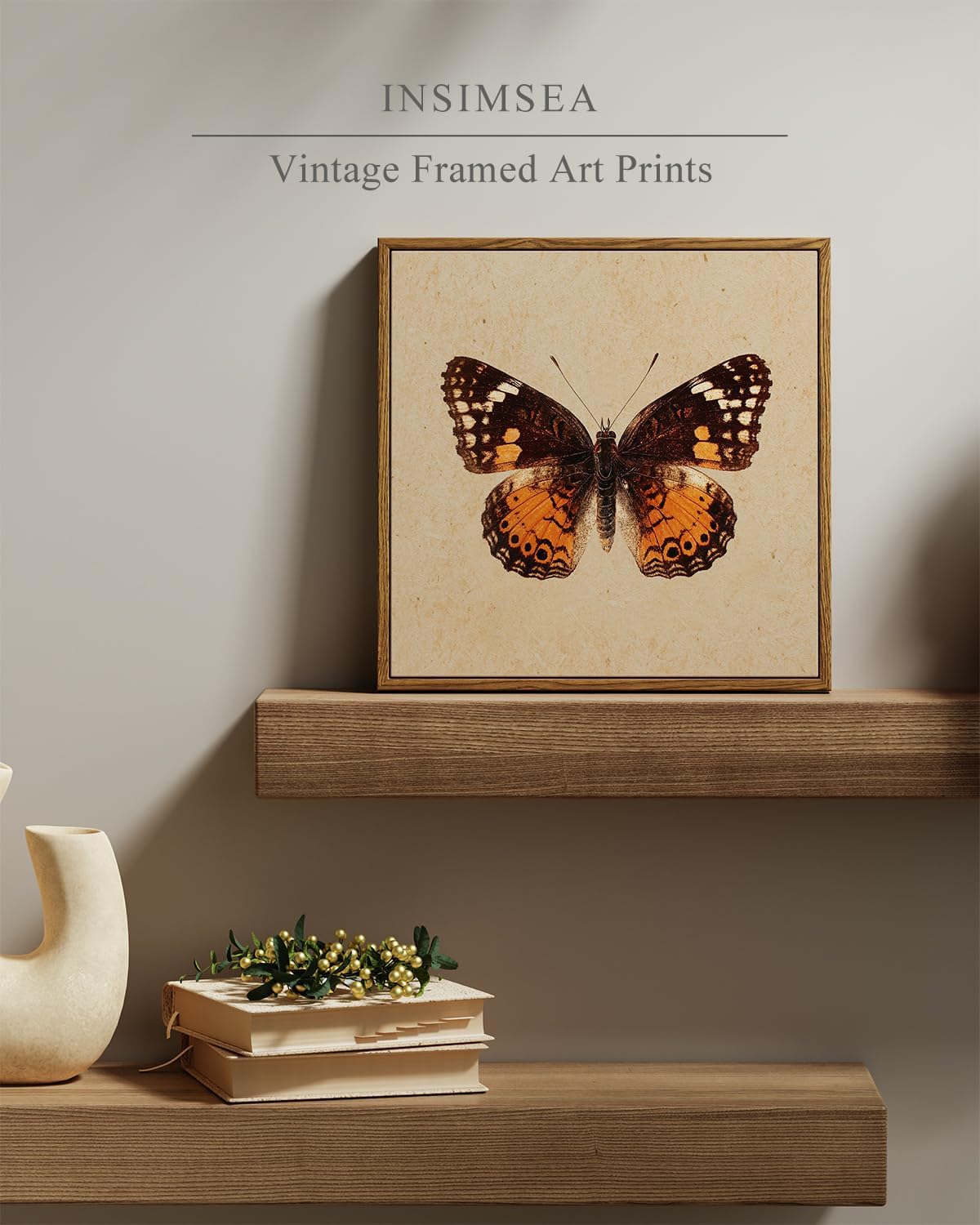 InSimSea Vintage Butterfly Square Canvas Wall Art, Antique Insect Wall Decor Paintings, Cottagecore Moth Artwork Pictures Prints Retro Home Decor for Living Room,Bedroom, Office 12"x12"