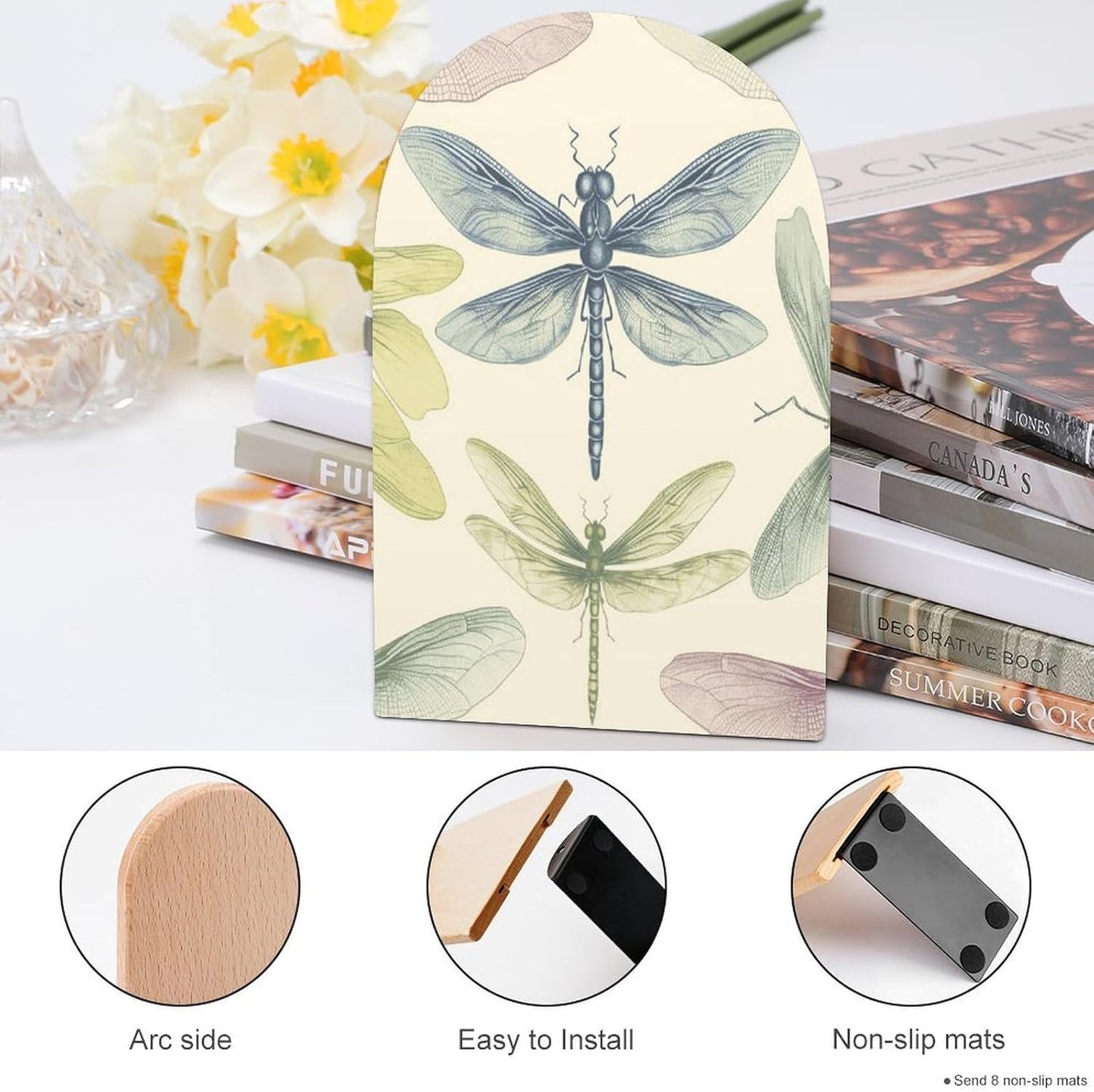Dragonfly Drawing Bookend for Shelves Wooden Book End Large Size Sturdy Book Holders Stoppers with Metal Base for Bookshelves Slick Decorative Bookends Stands