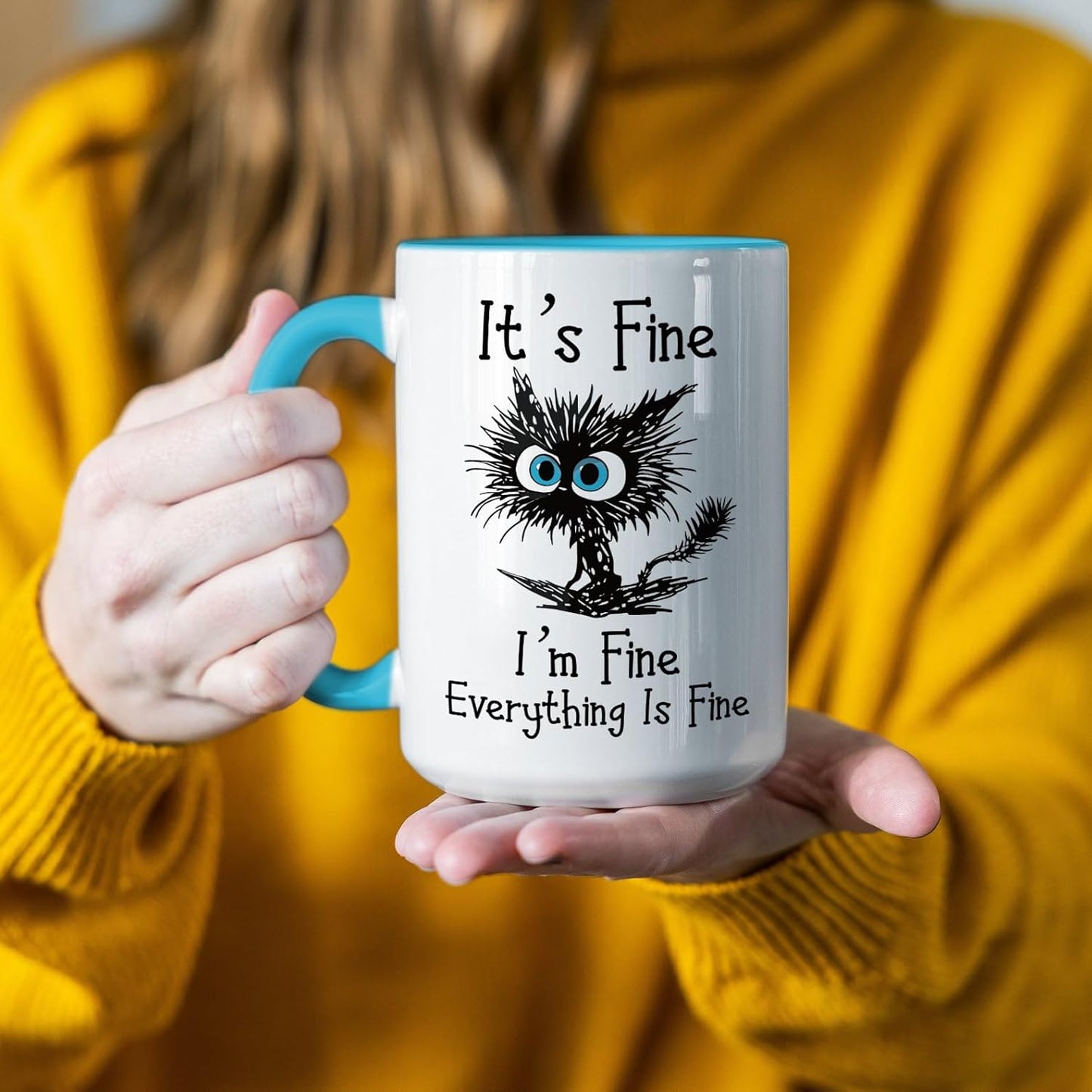 Funny Black Cat Coffee Mug – 15oz Sarcastic I am Fine Everything's Fine Cup – Big Ceramic Mug with Blue Handle – Microwave & Dishwasher Safe – Funny Gag Gift for Cat Lovers, Women, Coworkers