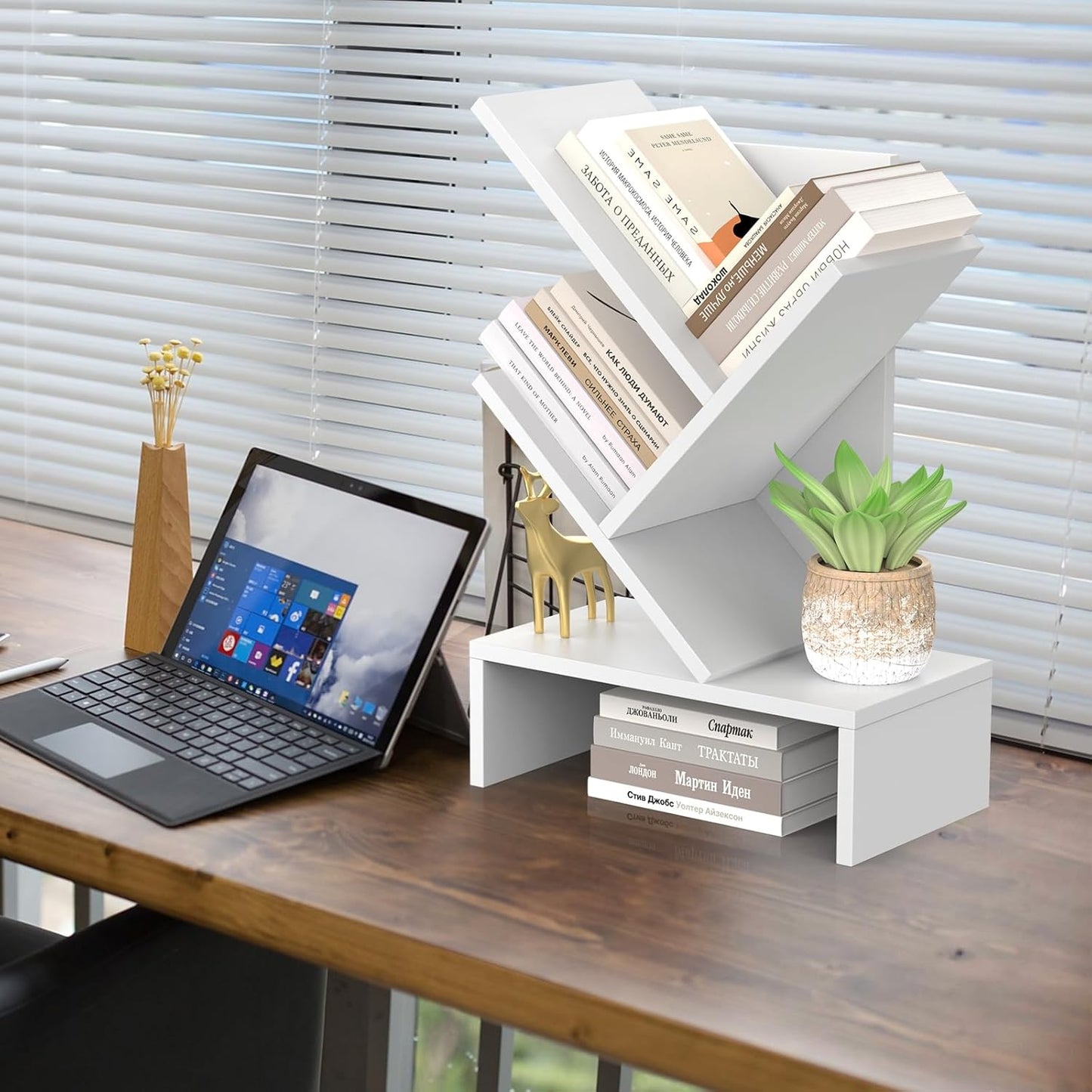 Godferyxin Desktop Bookshelf with Drawer – Compact Book Holder for Small Spaces, White Mini Bookcase for Office, CDs, and Decorative Items, Fits Bedroom Desk