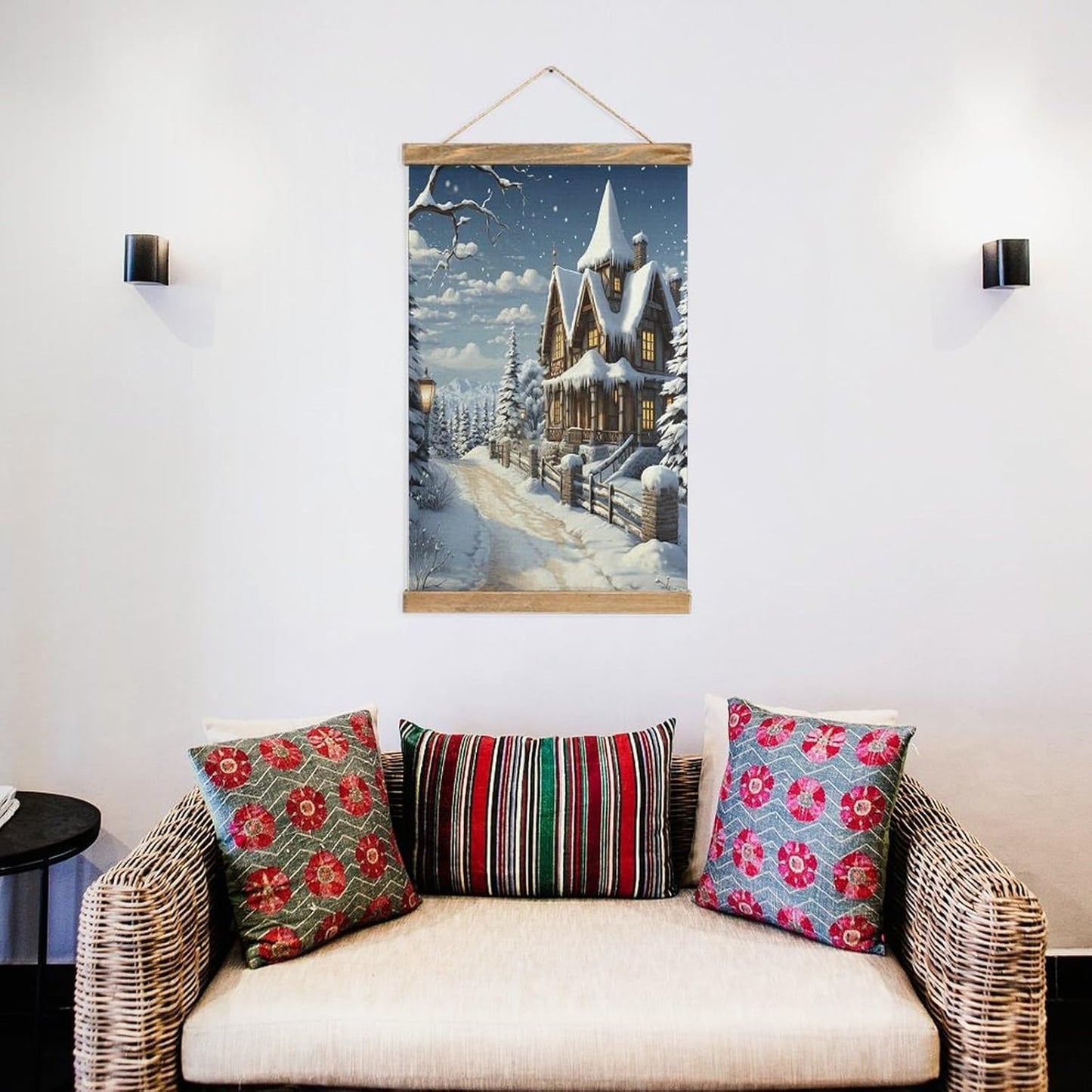 Vintage Christmas Winter Happy Scene Poster with Wooden Frame Personalized Linen Hanging Scroll Painting Rustic Wall Hanging Illustrative Modern Artwork Decor for Home Living Room Bedroom Office