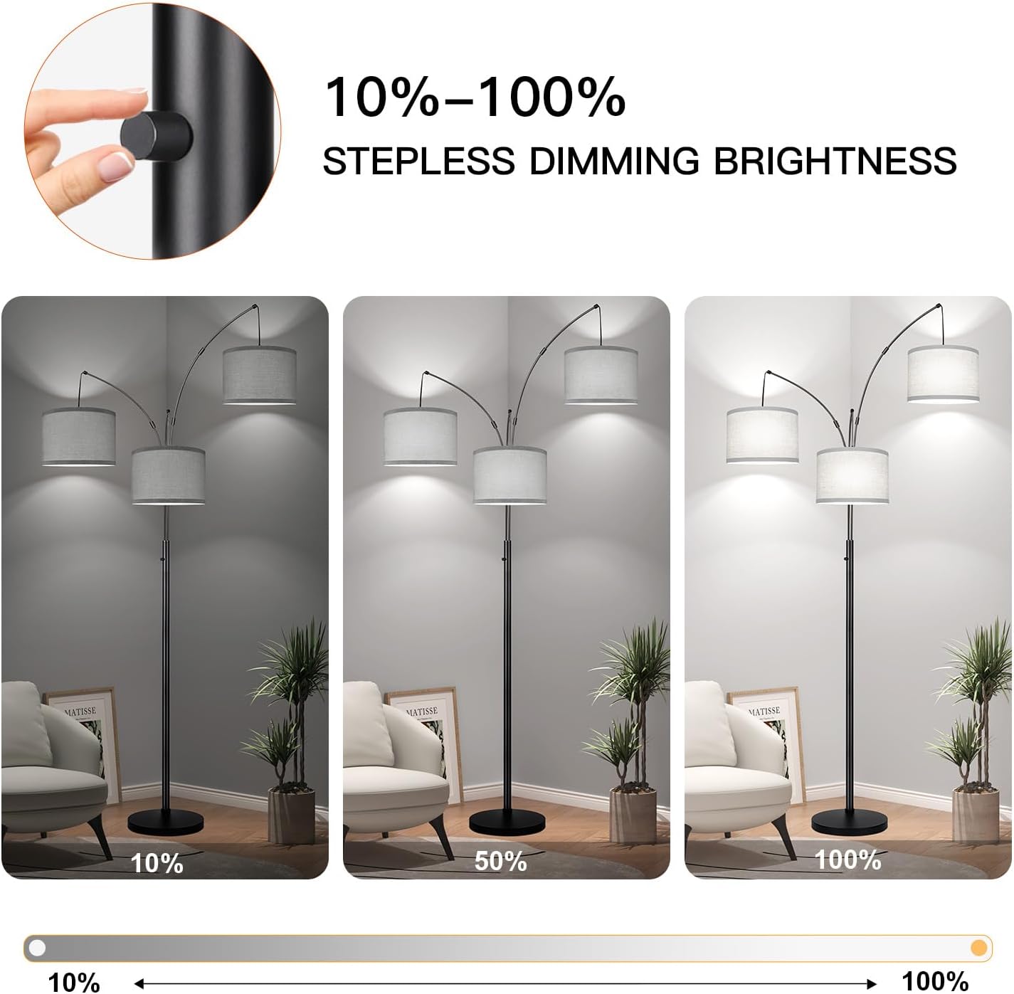Dimmable Floor Lamp, 3 Lights Arc Floor Lamps for Living Room, Modern Tall Standing Tree Lamp with Gray Linen Shade & Heavy Base, Large Floor Lamp for Bedroom Office, 3x1000 LM LED Bulbs Included