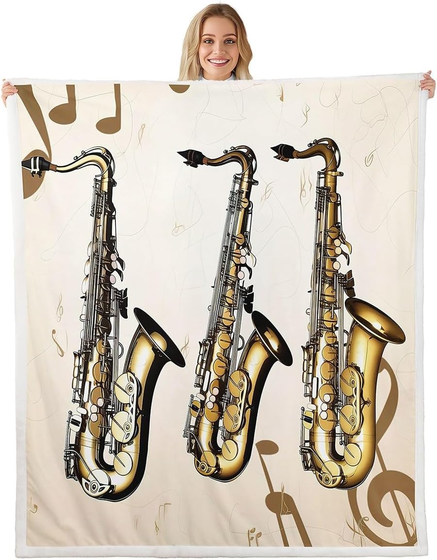 Feelyou Music Sherpa Blanket Saxophone Plush Blankets and Throws for Kids Boys Girls Melody Notes Fleece Throw Blanket Classical Musical Instrument Quilt Cover 60" x 80"