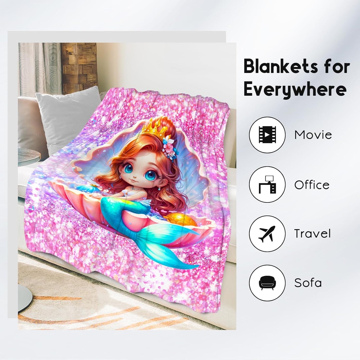 Girls Blanket - Mermaid Blankets for Kids Teens - Gifts for Daughter Women - 60x80 Inches Soft Flannel Cute Throws for Bedroom