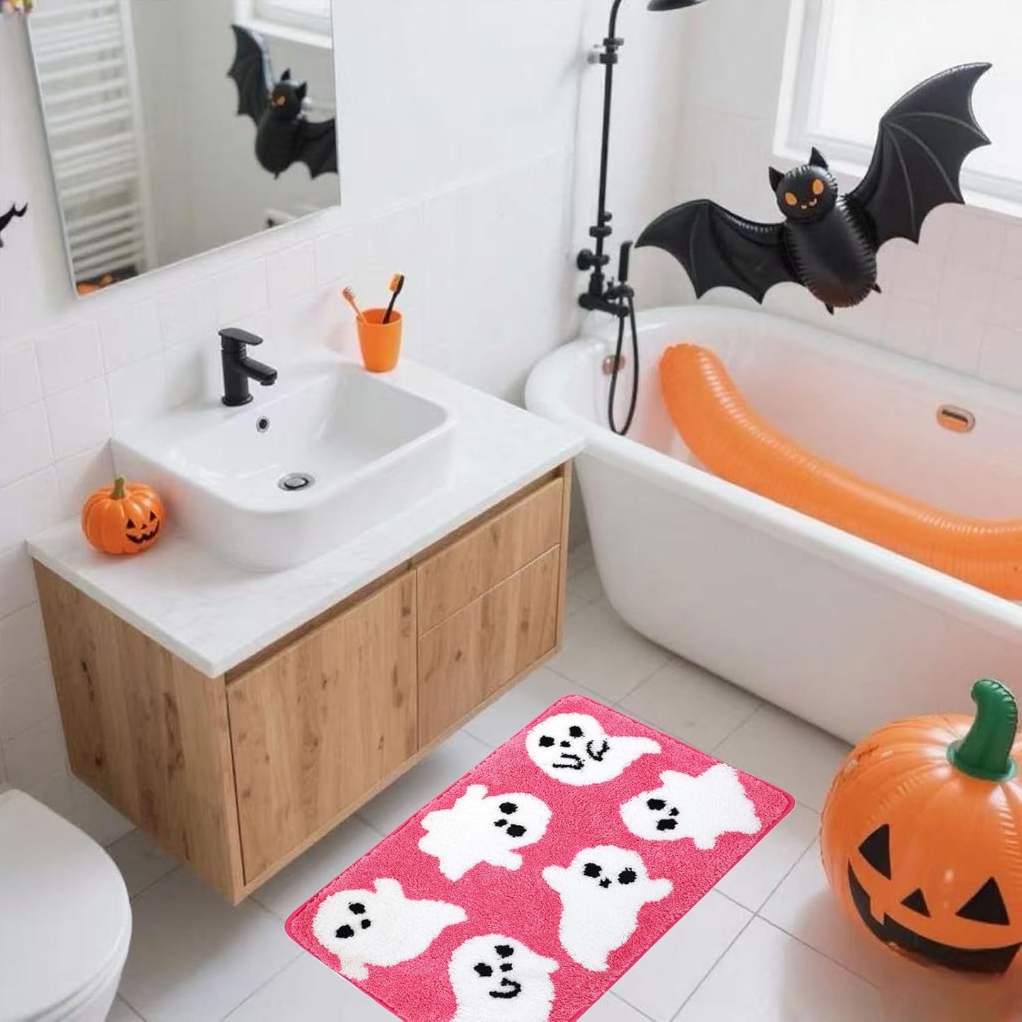Halloween Bath Mat, Pink Ghost Bathroom Rugs Non-Slip, Soft Absorbent Washable Bath Rug for Shower Floor, Cute Rug for Bedroom Home Decor - Unique Gift