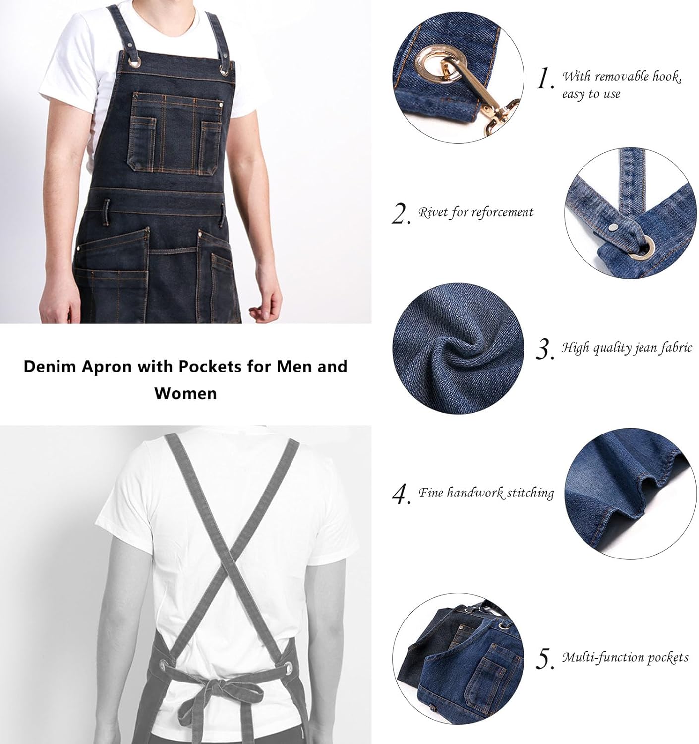 Denim Apron with Multi Pockets for Kitchen, Cooking, BBQ & Gardening