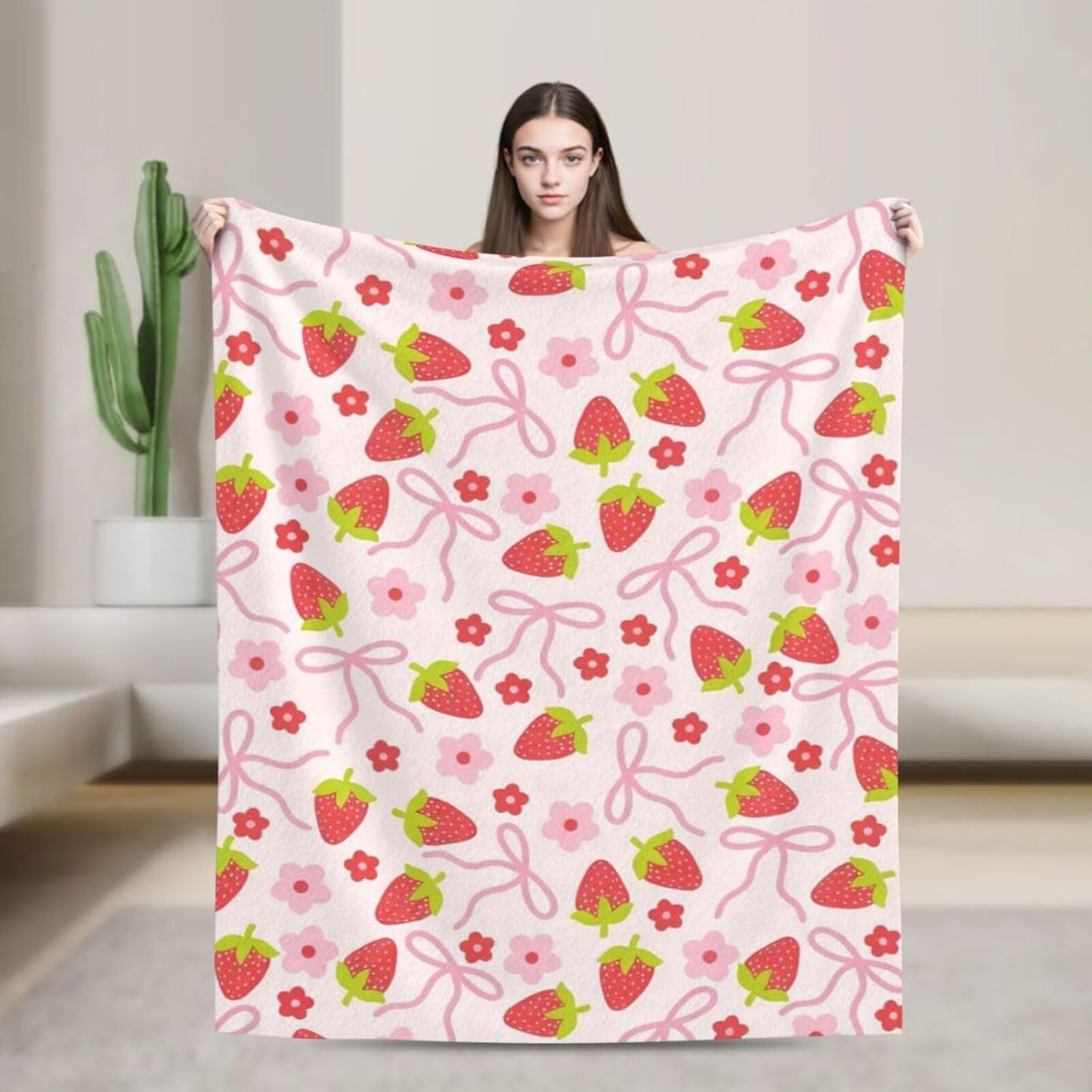 Cute Strawberry Bow Decor Throw Blanket Pink for Kids - Soft Fleece Throw Home Decor for Girls Women Teens as Birthday Gifts, Cozy Fruit Pattern Blankets for Couch Bed Camping 50x40inches