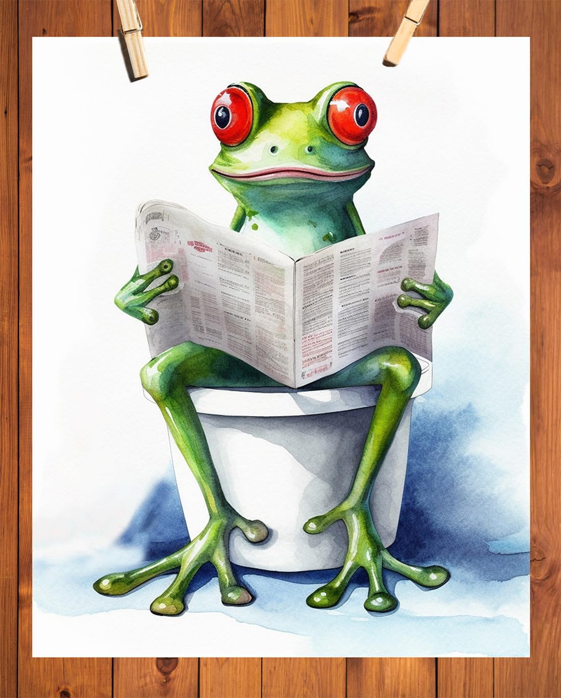 Funny Frog Sitting on the Toilet Reading a Newspaper 11x14 Unframed Wall Art Print - Cute Unique Christmas Birthday Mothers Day Cheerful Animal Print Gift Idea for Mom and Fun Humor Bathroom Decor