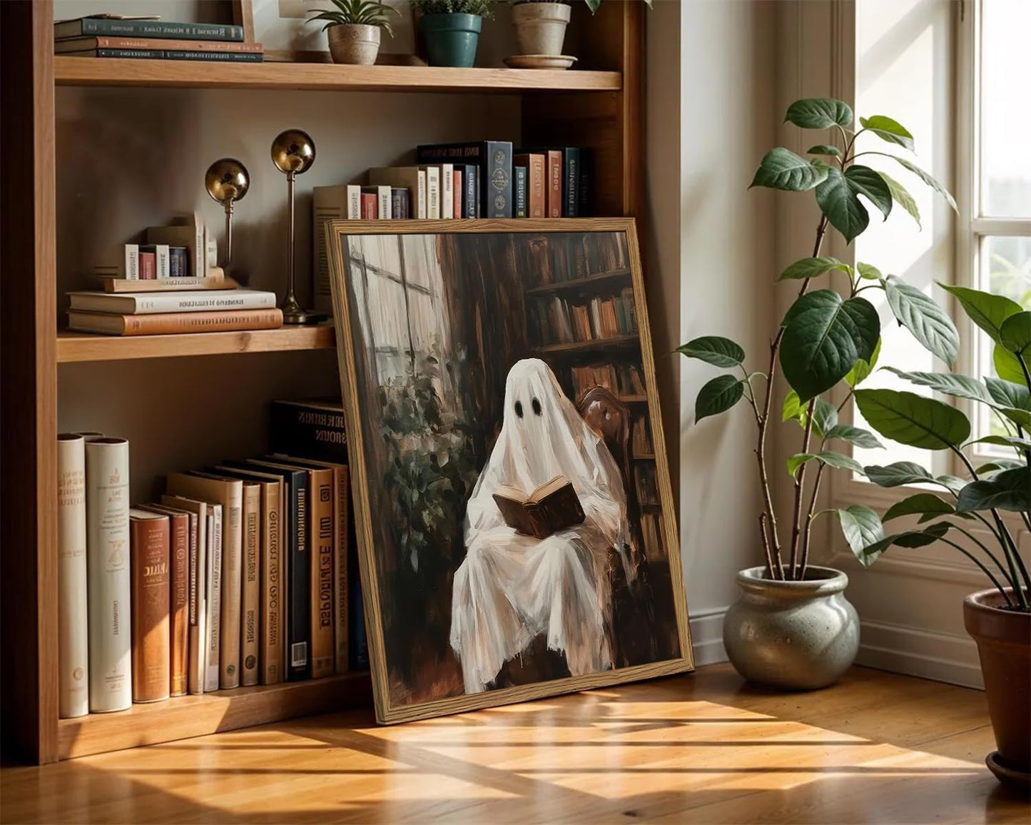 Framed Halloween Ghost Reading Book Canvas Wall Art, Vintage Dark Academia Horror Ghost Pictures Wall Decor Paintings, Gothic Moody Spooky Library Prints for Living Room Bedroom Office Dorm 12x16 inch