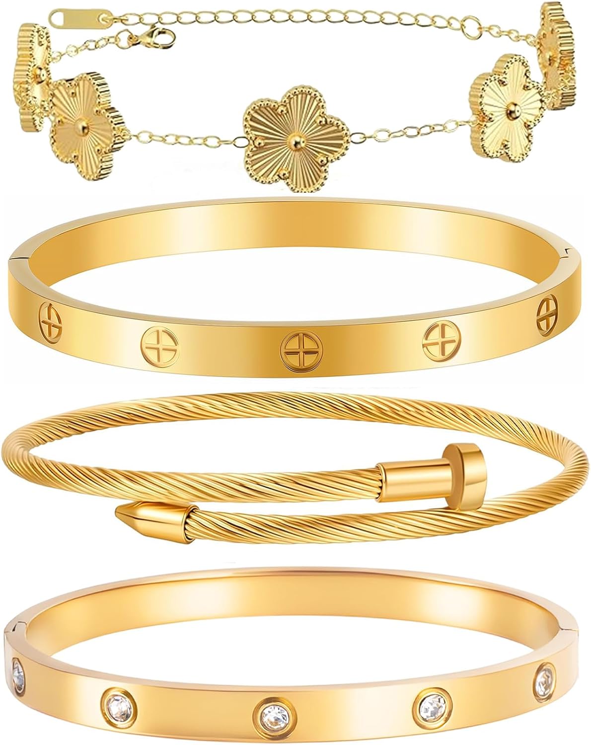 Gold Bracelets for Women-4Sets/3ets,18K Gold Plated Bracelet,Stainless Steel Bangle Bracelets Non Tarnish, Gold Bracelet Set Trendy Jewelry,Christmas Valentines Birthday Gifts for Girlfriend