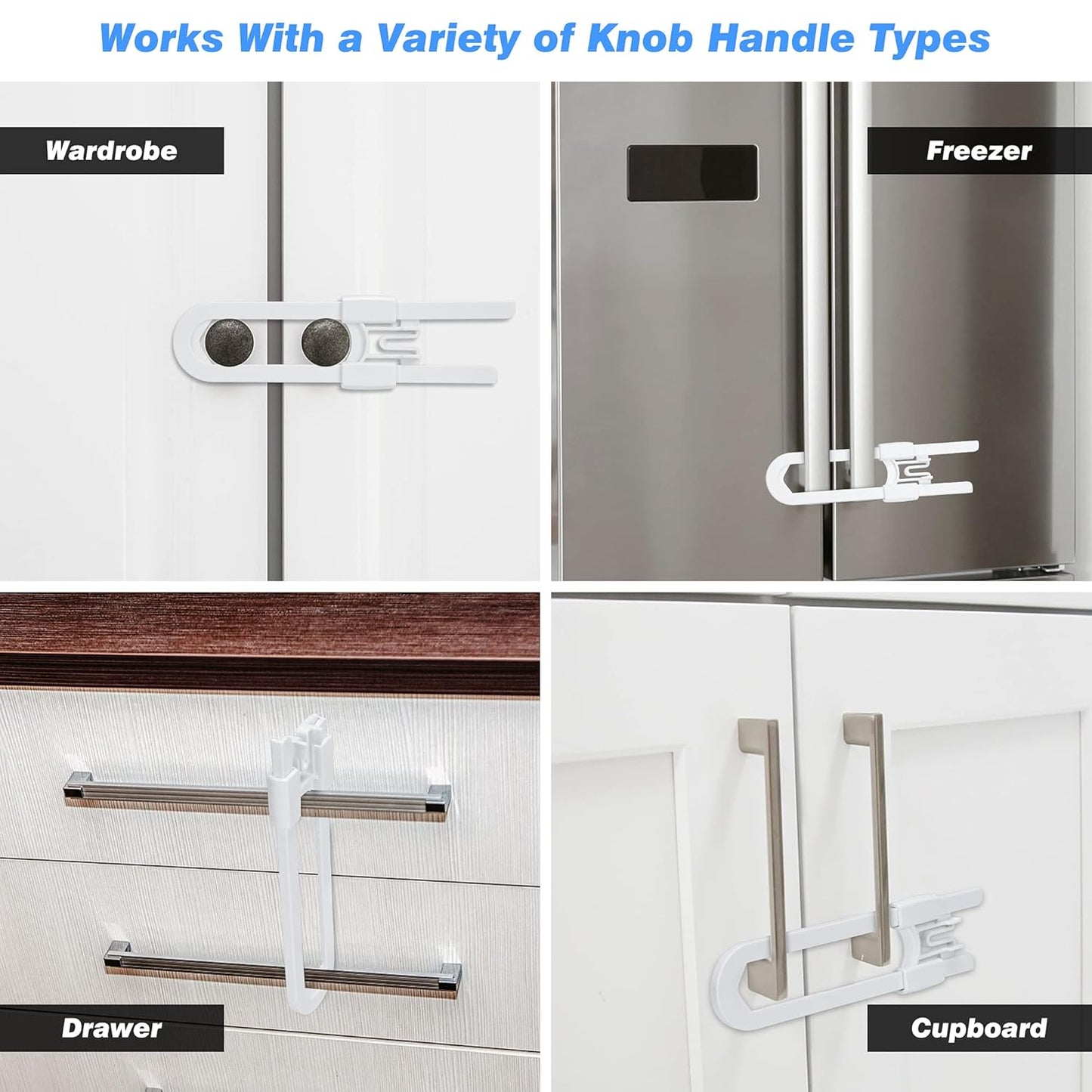 Vmaisi 8 Pack Baby Sliding Cabinet Locks - Adjustable U Shaped Child Safety Locks,Childproof Latches for Kitchen Bathroom Storage Cupboards Doors, Handles and Knobs White