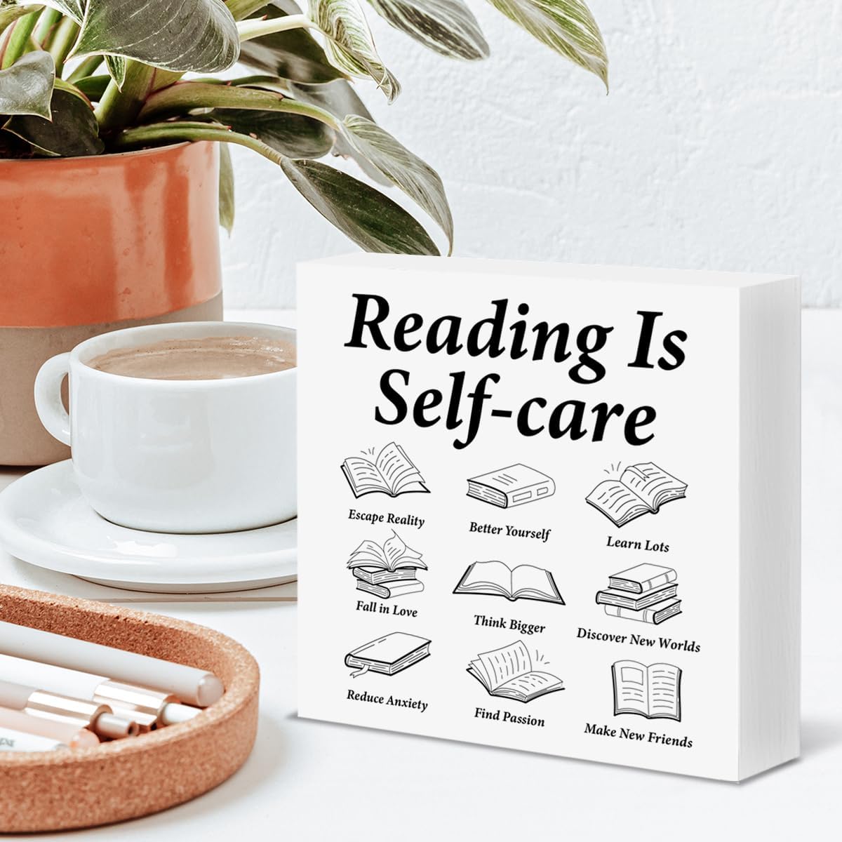 Inspirational Read Box Sign Reading Is Self Care Wood Block Sign Home Reading Nook Room Library Decor, Book Lover Bookish Gifts