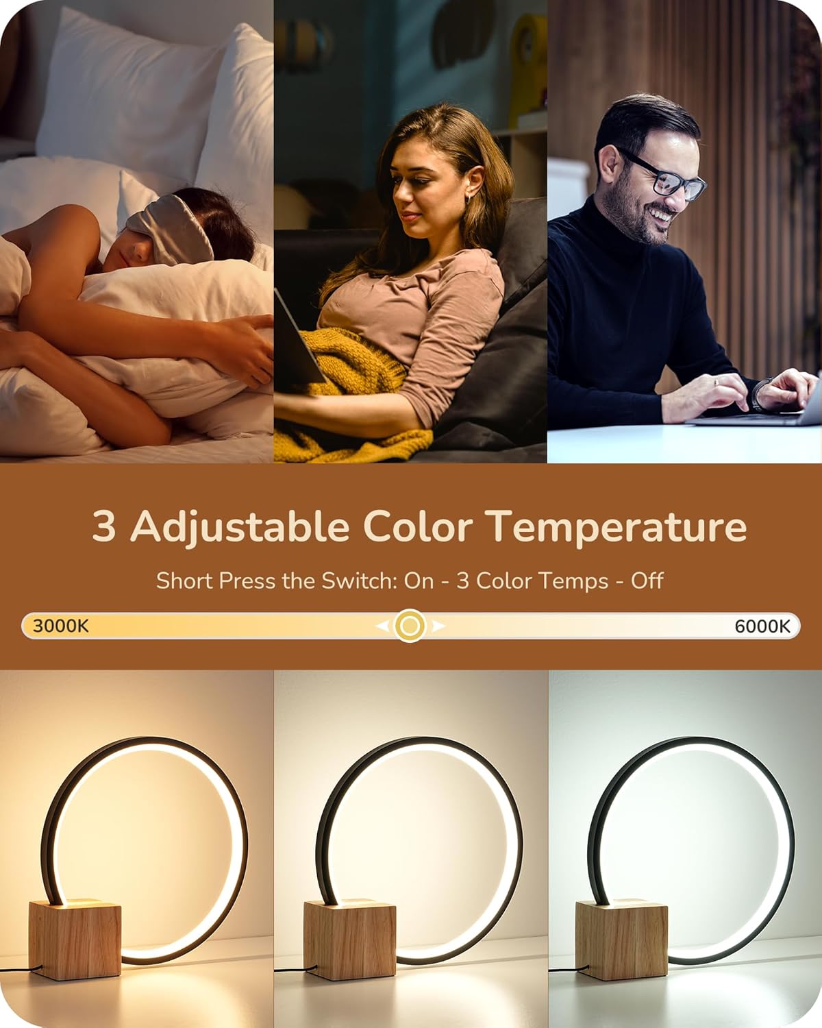 EDISHINE Modern LED Table Lamp, Bedside Lamp with One-Piece Solid Wood Base, 3 Color Temperature & Stepless Dimmable, Nightstand Lamp for Bedroom, Living Room, Reading Room 540LM 12W