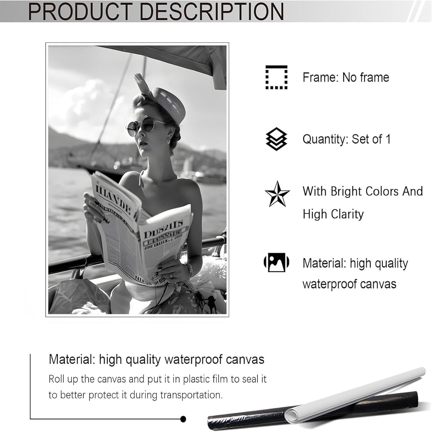 Vintage Black And White Poster Woman Reading Newspaper On Boat Wall Art Retro Luxury Feminist Magazine Aesthetic Prints Painting For Living Room Bedroom Office Wall Decor 12x16in Unframed
